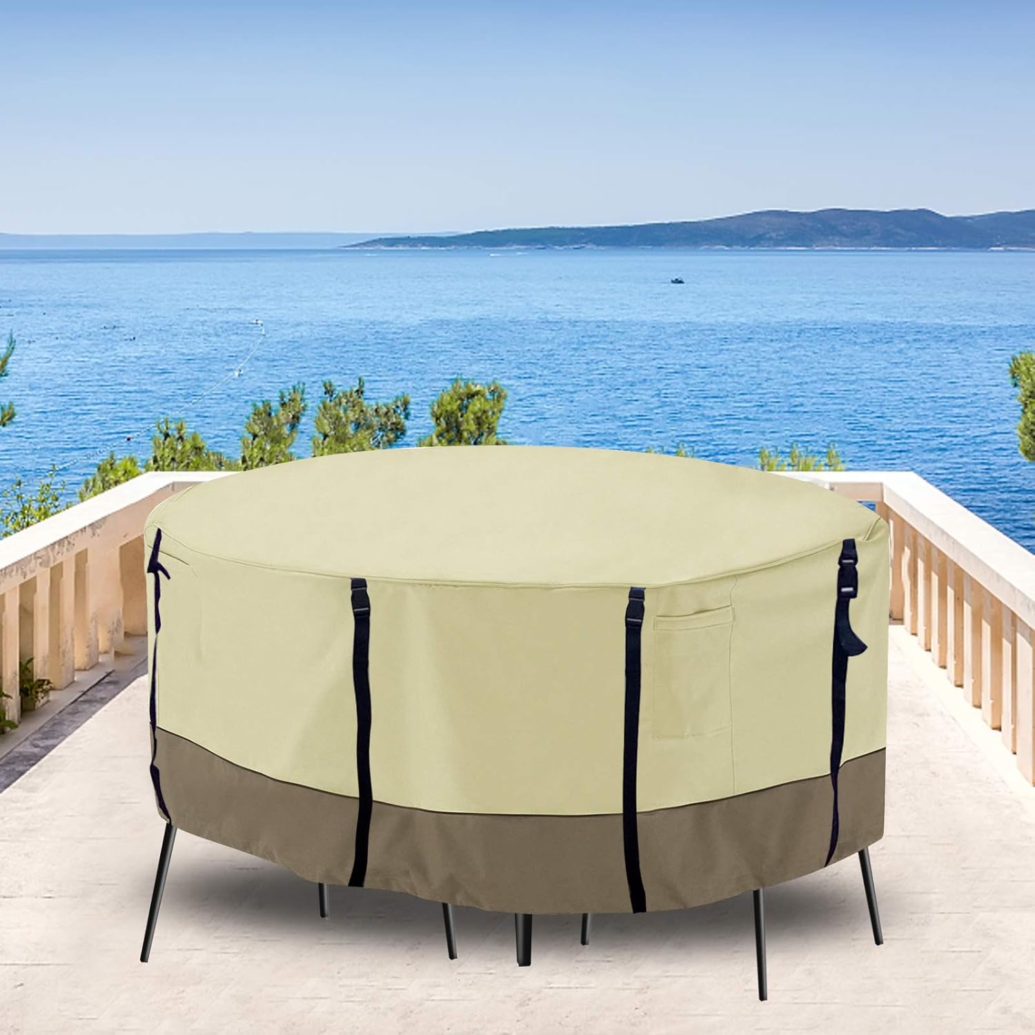 Ogrmar Patio Furniture Cover, Round Outdoor Waterproof & Sun Resistant Table Set Cover,Beige and Brown (96 x 27.5 inch)