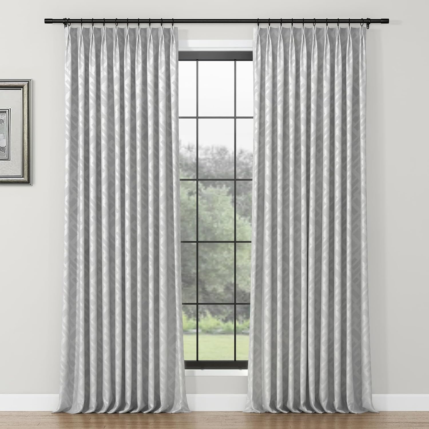 ChadMade Light Filtering Curtain 52 Inches Long, Short Curtain of Pinch Pleated Geometric Pattern Curtain Privacy Window Treatment for Bedroom Dining Room, White, 1 Panel, 26 W x 52 L Inch