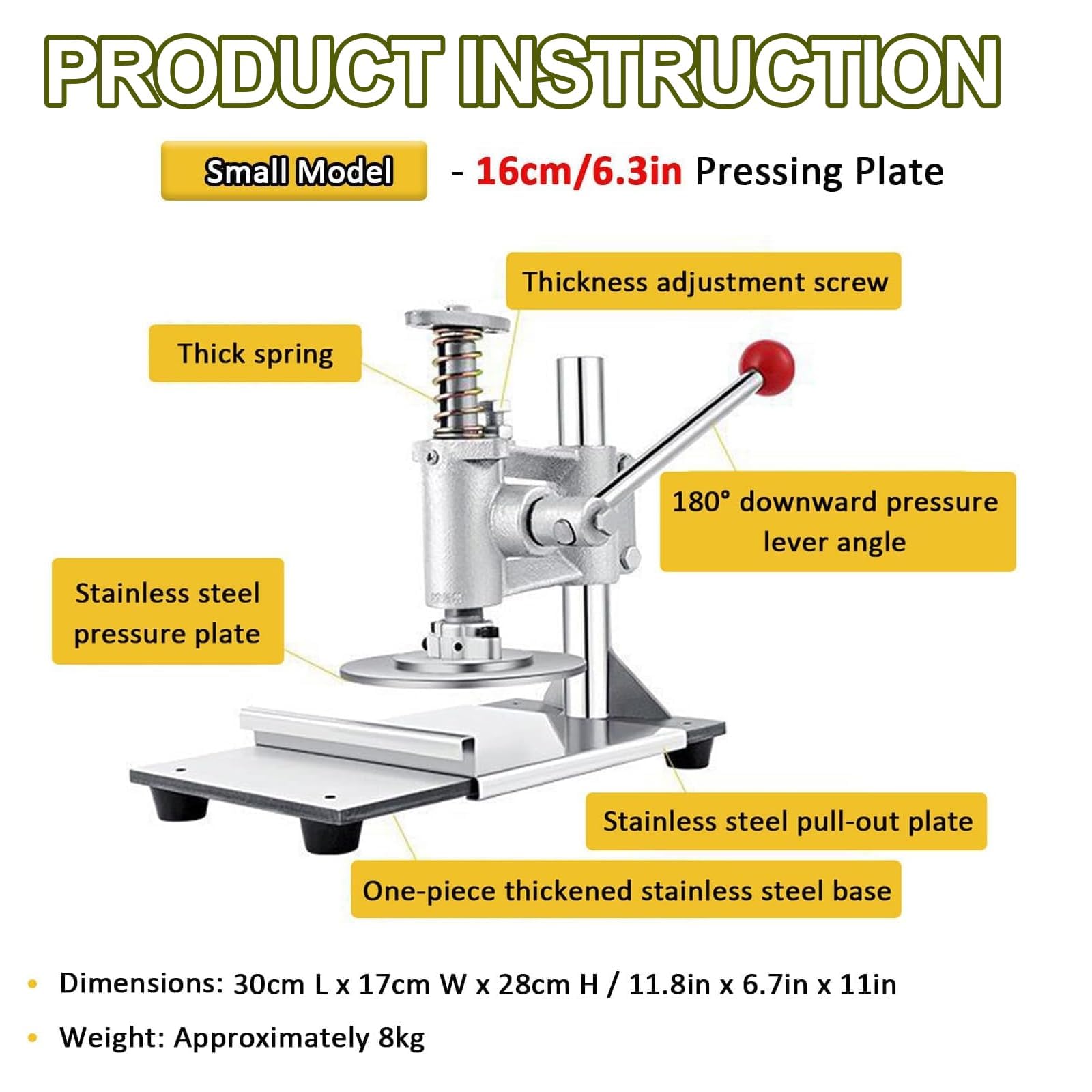 Pressa Manuale Per Impasto In Acciaio Inox, Pressa Per Pizza Da 16 Cm Con Spessore Regolabile, Per Pizza, Piadine, Tortillas E Pasta Sfoglia