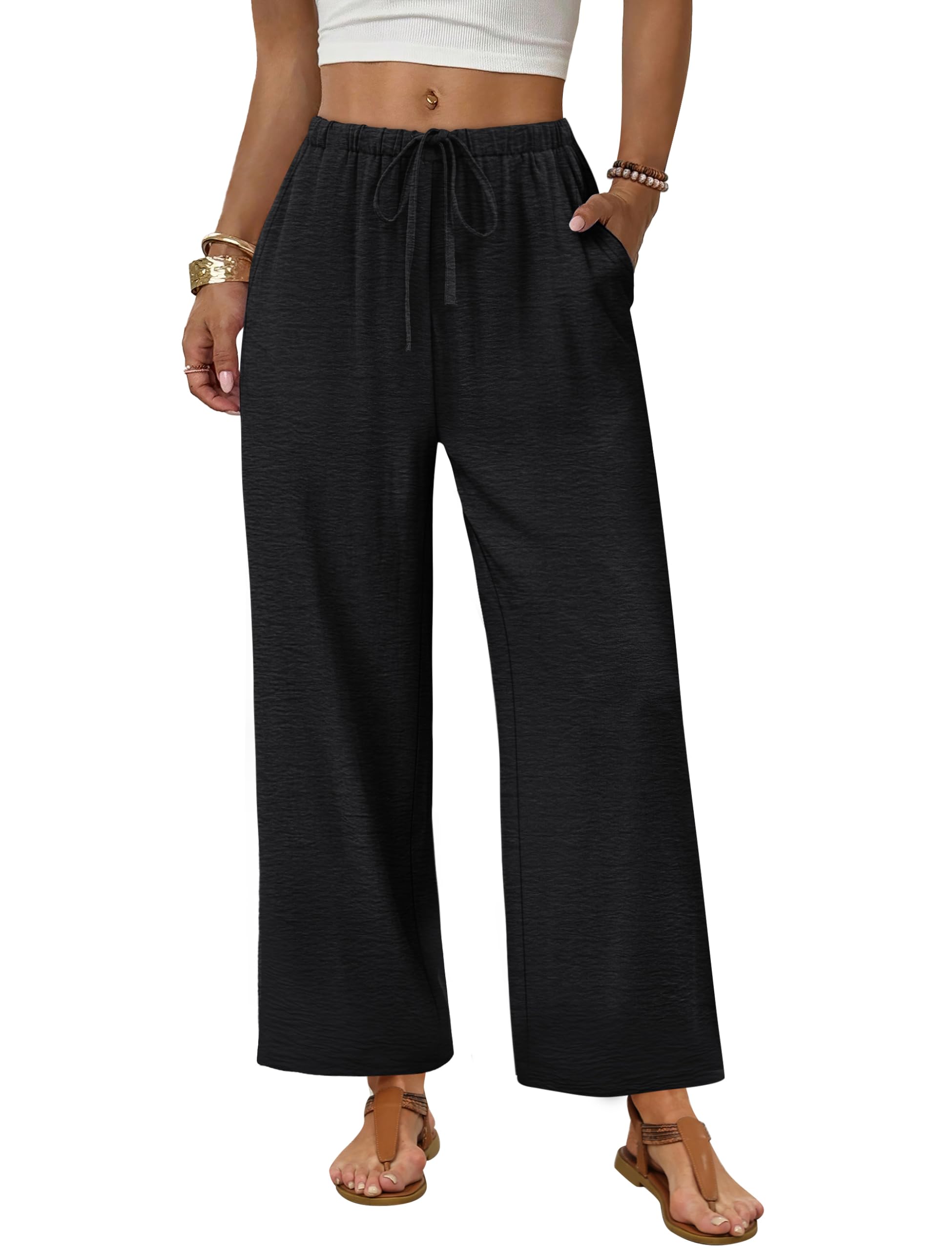 Sampeel Wide Leg Pants Women Casual Palazzo Drawstring Elastic Waist Trousers with Pockets Summer Beach Vacation Clothes — view 13