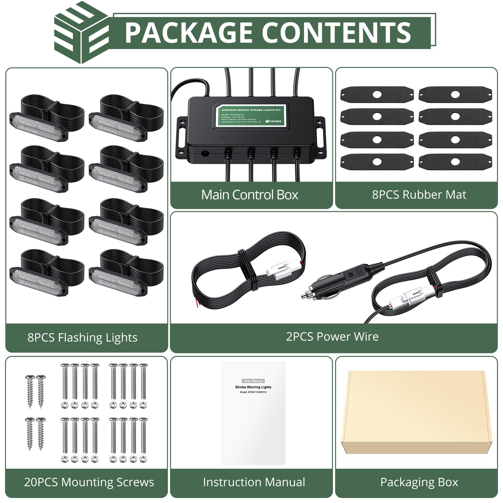 EYPINS 12LED Luces Estroboscópicas, 8pcs Luz de Advertencia Luz Intermitente Estroboscopio IP65 Luz de Emergencia 30 Modos Intermitentes 12V/24V para Camión, Tractor, Carretilla Elevadora