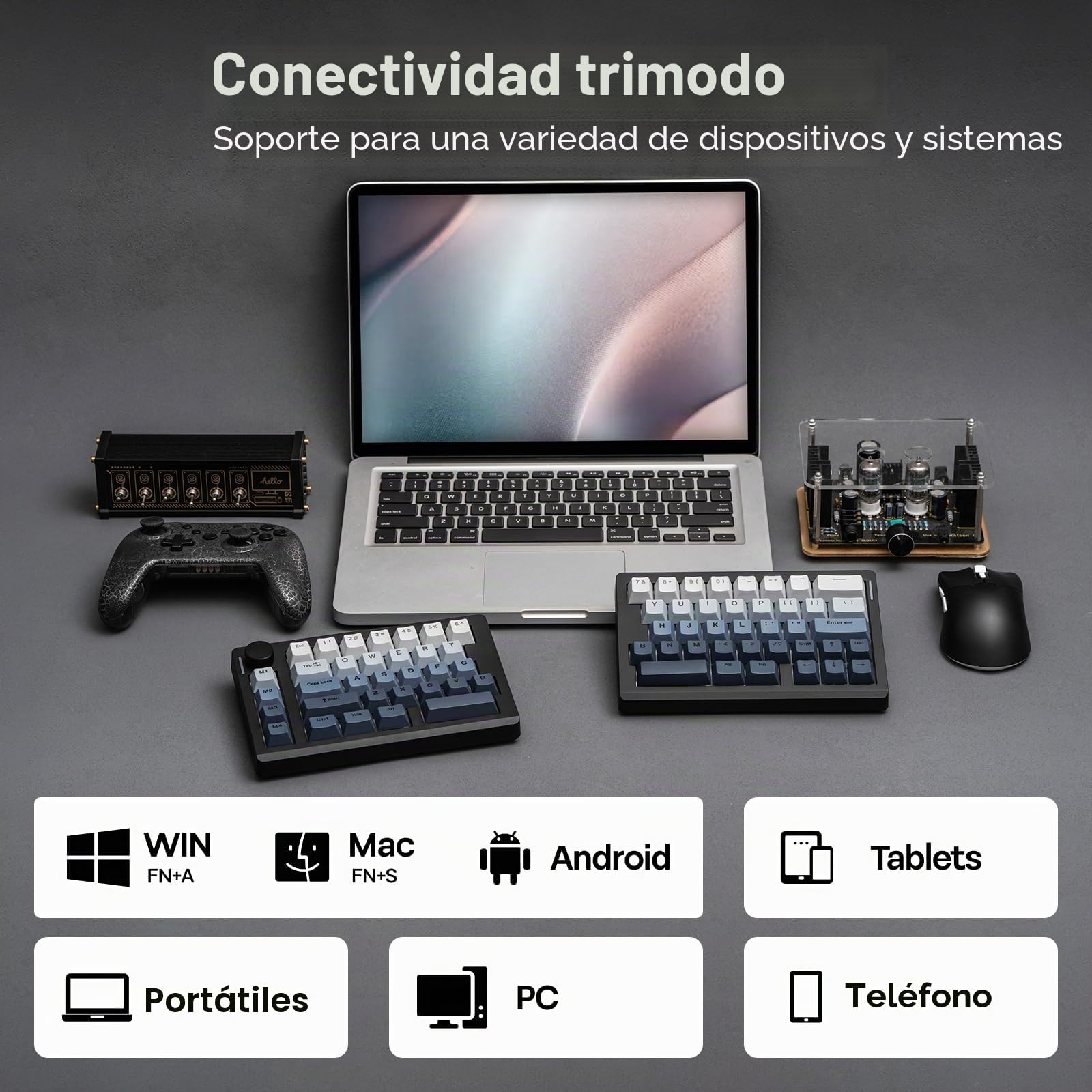 EPOMAKER Split70 Teclado Ergonómico Inalámbrico con QMK/Via y Perilla, Teclado Mecánico Gaming con RGB, Hot-Swap, Switch Lineal Lubricado, Teclas PBT, Gasket, QWERTY US 70%, para Mac/Win (Negro)