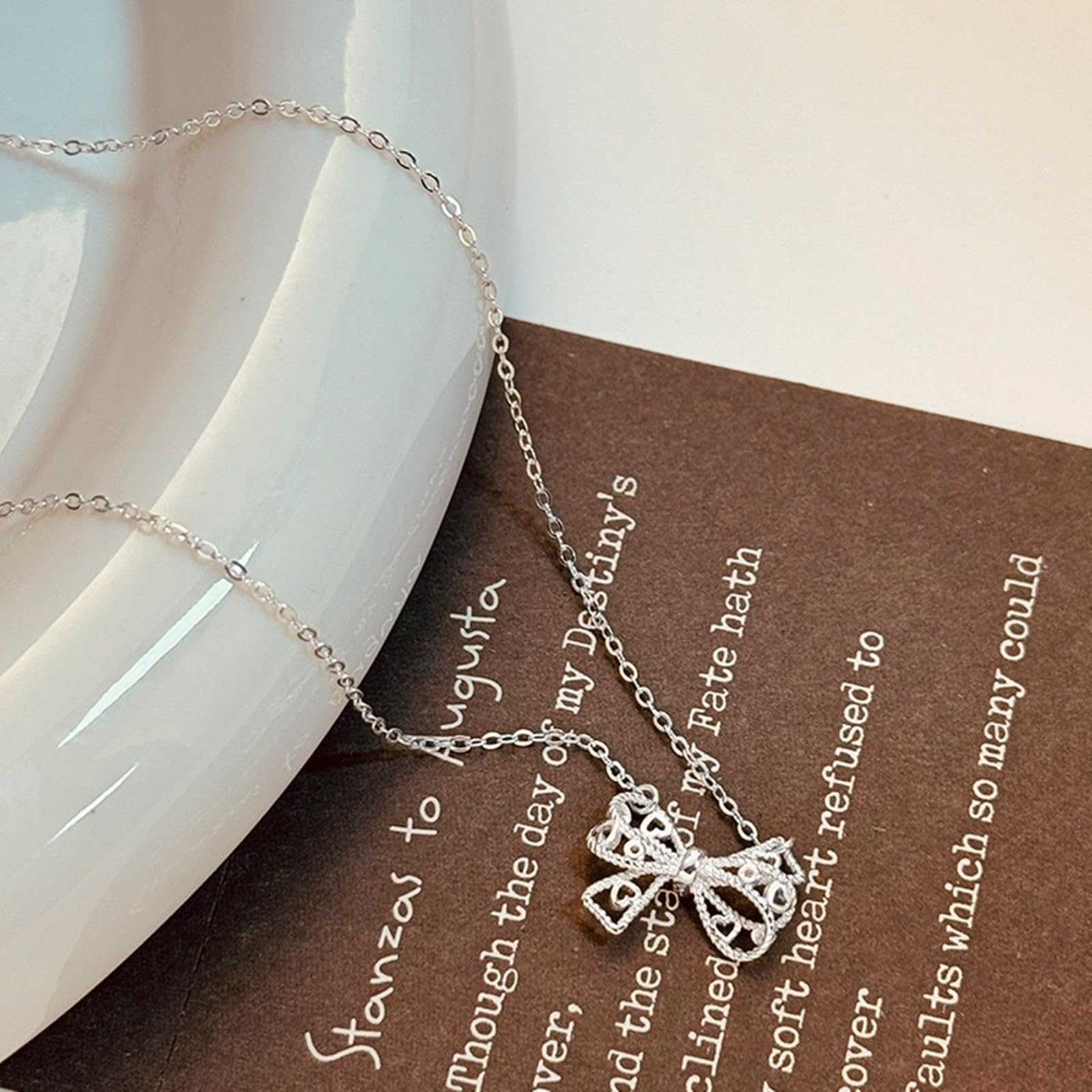 Ciondolo per Collana Donna Oro Bianco 18kt/14kt/9kt, Collane Pendente Fiocco Gioielli Da Fidanzati, Catena Regolabile 40+5 cm