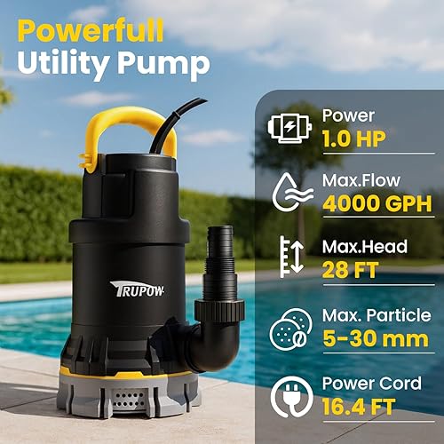 Miniatura 2 de Bomba de sumidero de 1 HP 4000 GPH Bomba de agua sumergible limpiasucia Bomba de agua termoplástica portátil eléctrica para piscina, jardín, sótano,