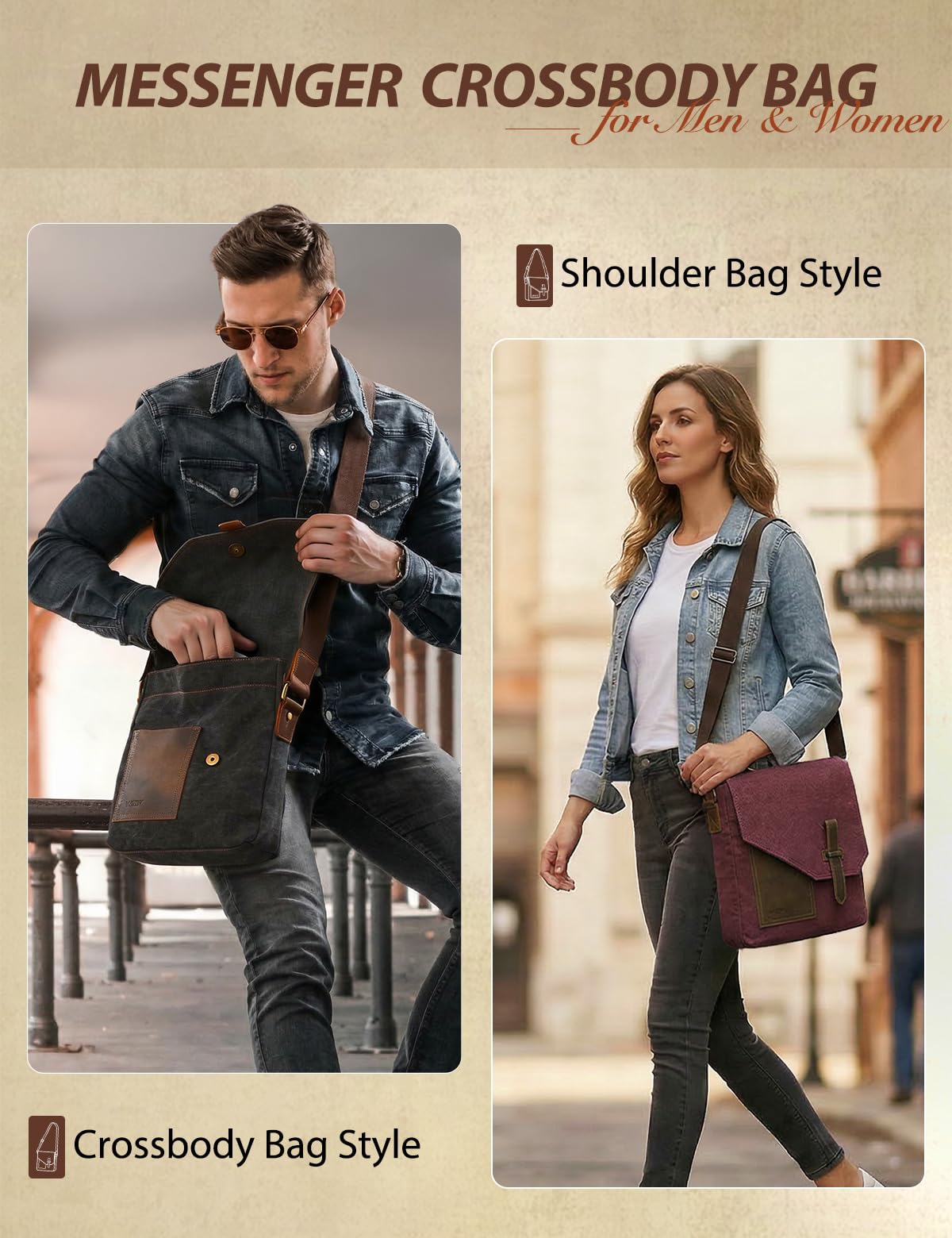 VASCHY Bolso Bandolera Hombre Casual, Lona Piel, 11 Pulgadas, Doble Forma
