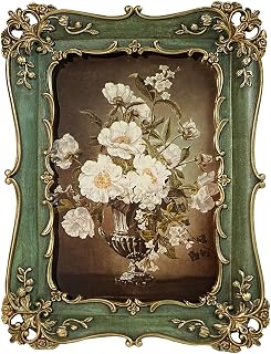 4x6 Vintage Picture Frame, Antique Green Ornate Photo Frame for Wall Hanging or Tabletop Display, Decorative Floral Design Retro Home Decor, Photo Gallery Art