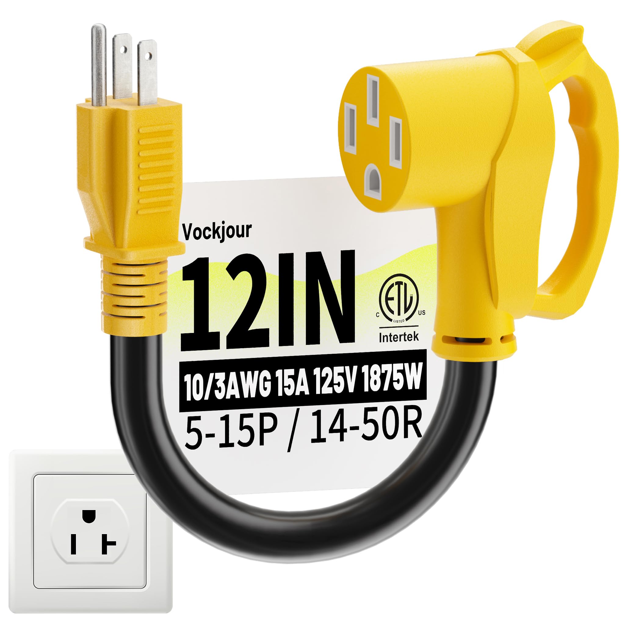 Vockjour 50 Amp to 110 RV Adapter Cord 12 Inch, STW 15A 125V, ETL Listed