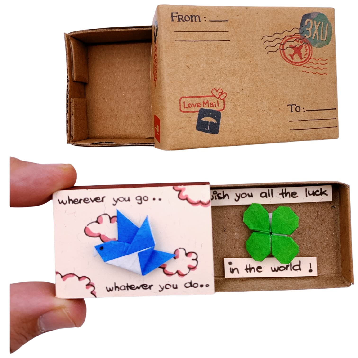 immi Origami Überraschung, kleines Geschenk in der Box (Vogel/Glücks-Klee)