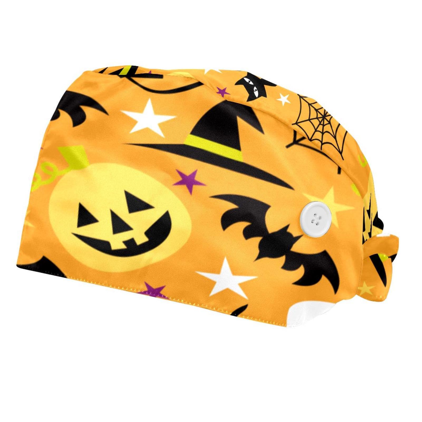 Halloween Pumpkin Spider 2 Pcs Unisex Working Cap with Button Sweatband Adjustable Tie Back Bouffant Hats