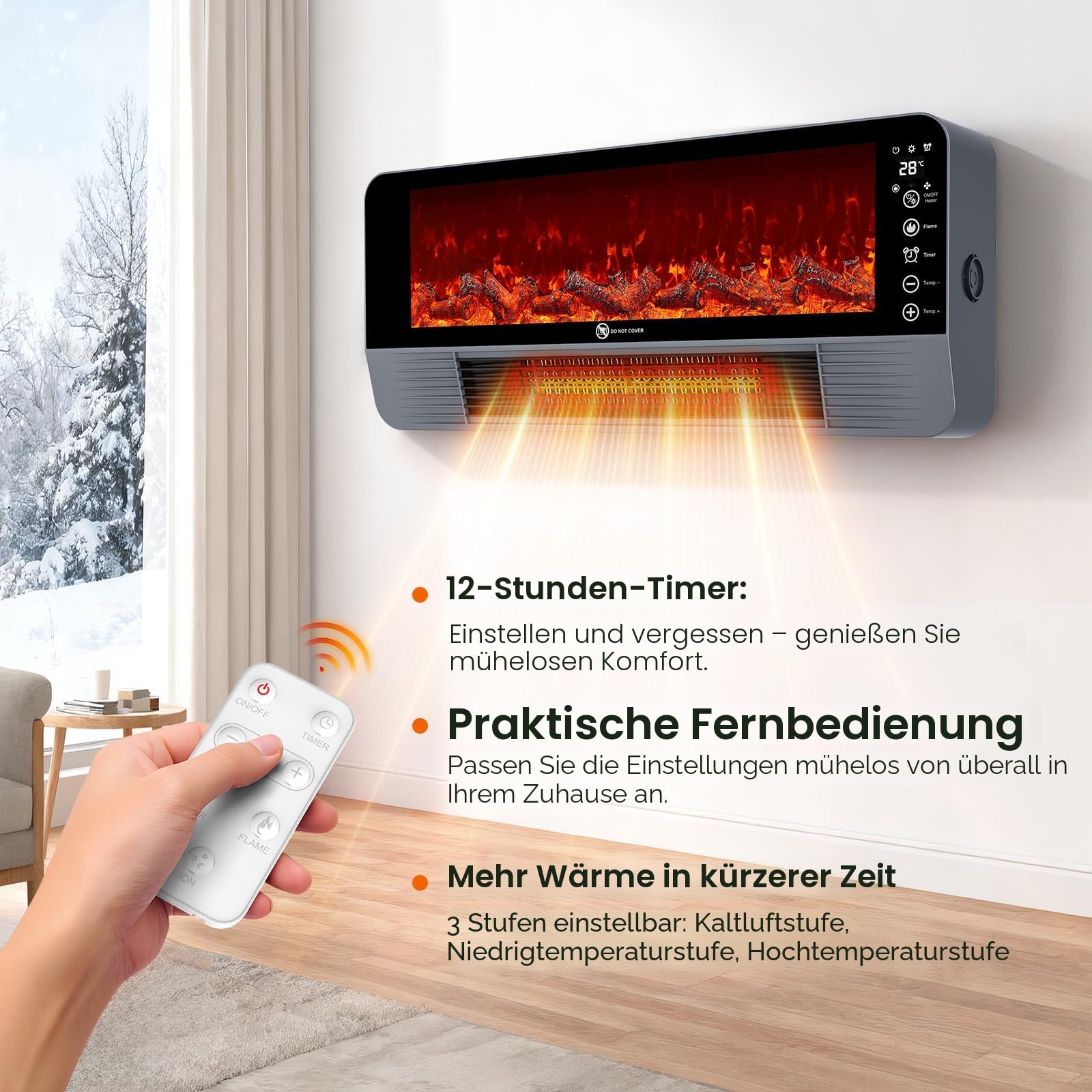Heizlüfter Energiesparend, 2-in-1 Heizgerät zur Wandmontage für den Schreibtisch, 3 Stufige Temperaturregelung, LED-Touchscreen und Fernbedienung, 12 Stunden Timer, 2000 W schnelles Aufheizen
