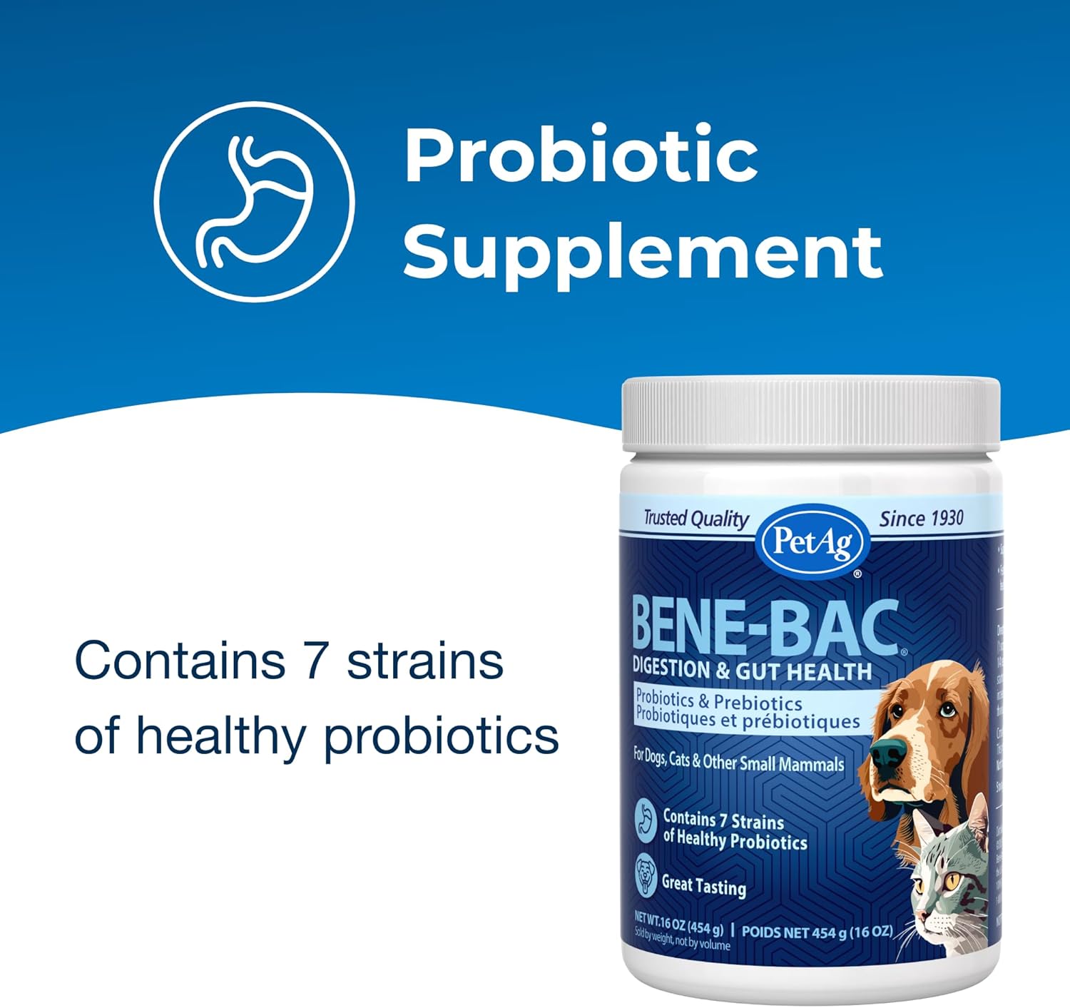 PetAg Bene-Bac Plus - 1 lb Powder - FOS & Probiotics for Dogs, Cats, Exotic & Wildlife Mammals