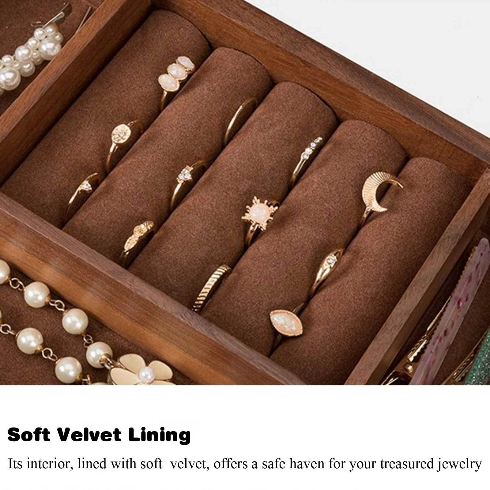 Pudełko na biżuterię, Wooden Jewelry Box With Glass Lid Organizer Drawers Multi-Compartment 3-Layer Walnut Color