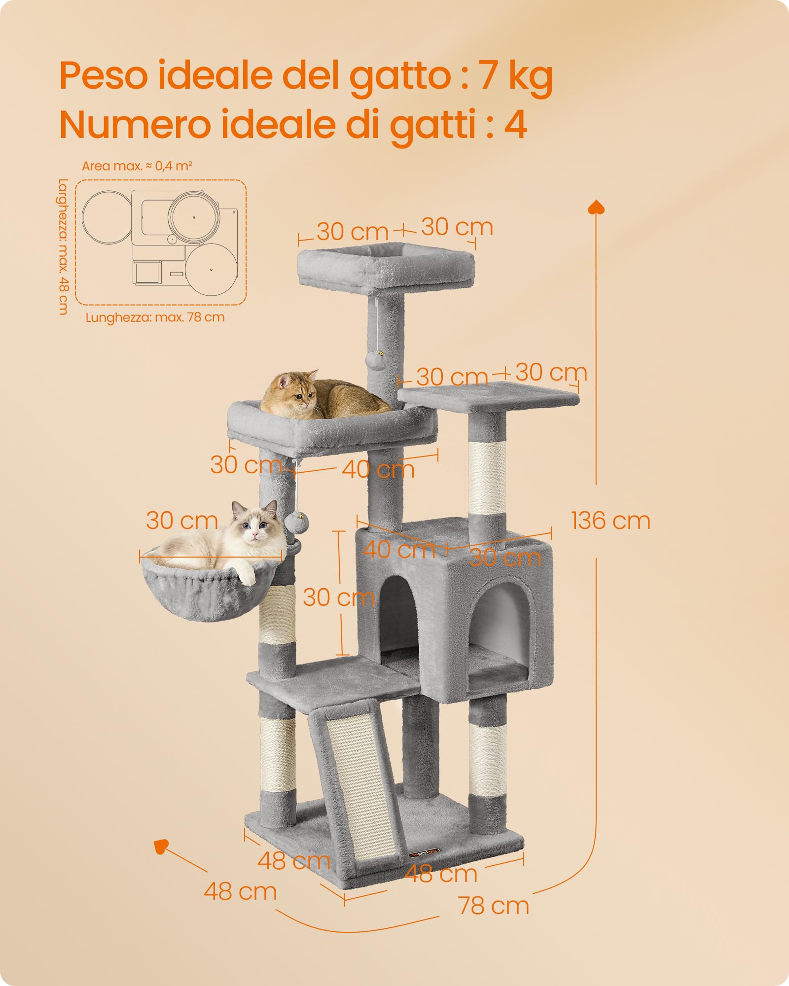 Feandrea Albero Tiragraffi, Torre per Gatti con Pali e Rampa Graffiatoio, 3 Grandi Piattaforme, 1 Cuccia, 1 Cestino, 2 Pompon, Altezza 136 cm, Grigio Tortora PCT012GD01