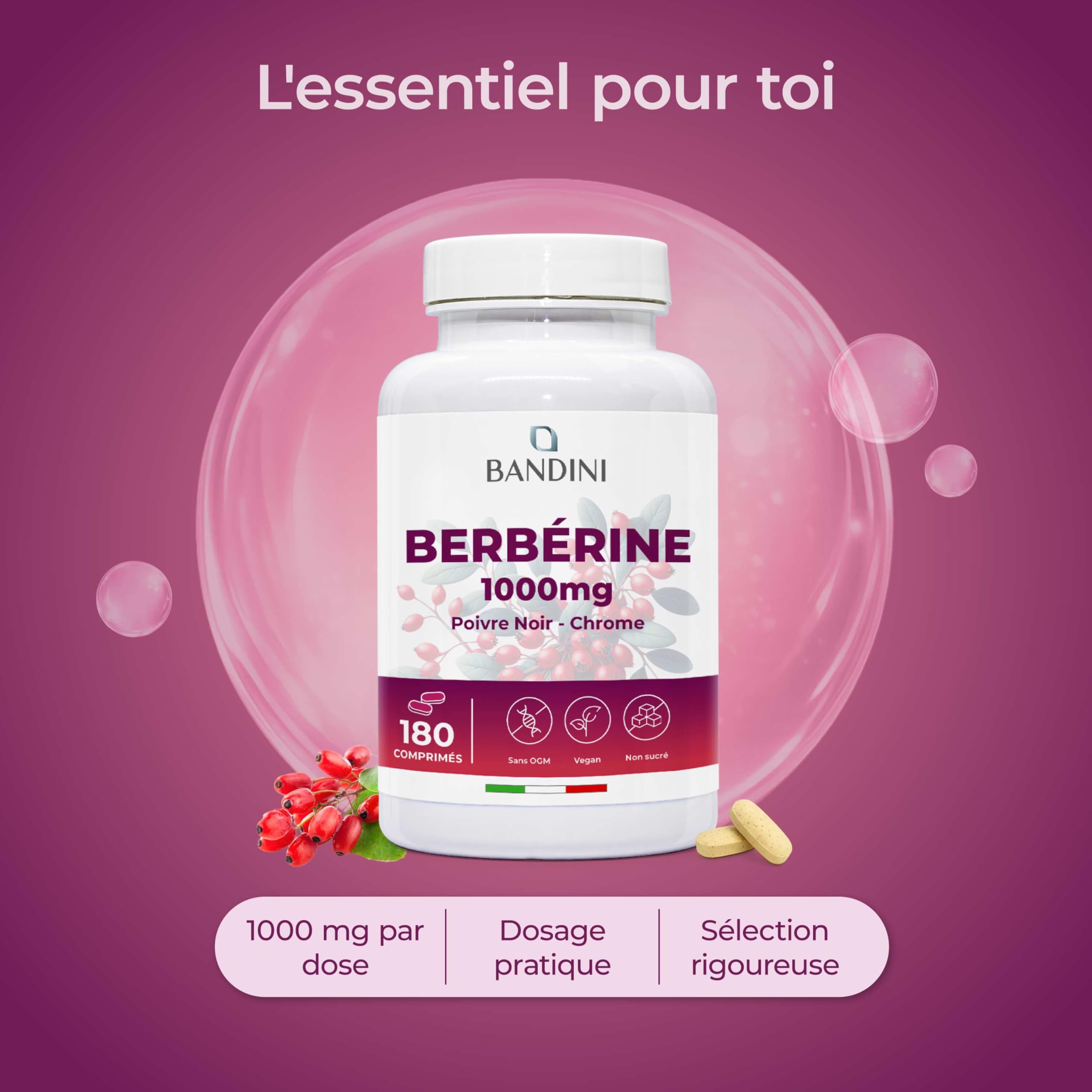 Bandini® Berberine 1000mg pure haut dosage | 180 comprimés de Berberin HCl | Berberis Aristata 97% + Chromium et Poivre noir | Absorption maximale | Fonction digestive, hépatique, intestinale