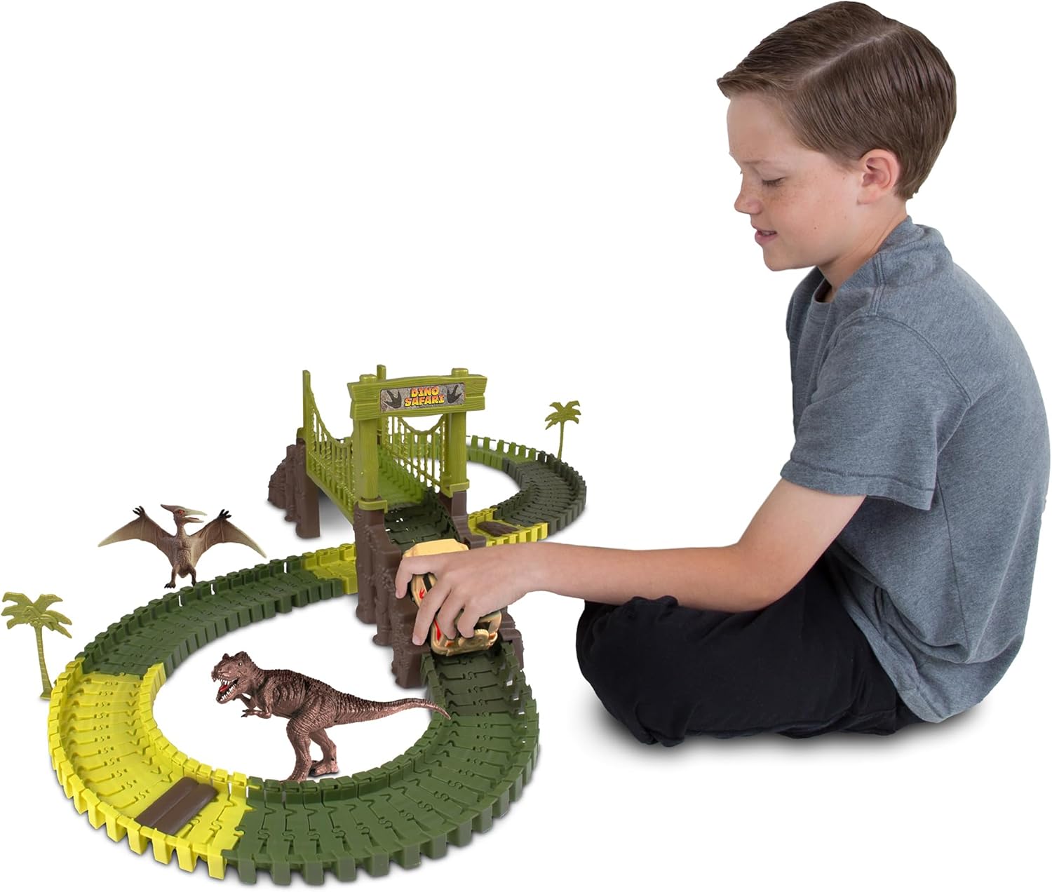 NKOK WowWorld Dino Safari Track Set 160-PC, Off-Road Vehicle Drives with The Push of a Button, Dinosaurs and Trees, Customize with 7 feet of Track, Obstacles and a Bridge, Great Gift, Multicolor
