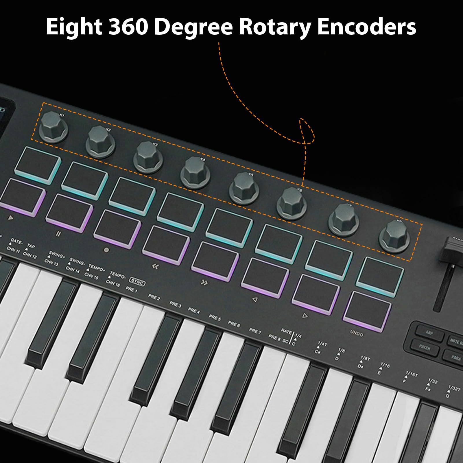 Asixxsix Controlador de teclado MIDI de 37 teclas, 16 pads de batería retroiluminados RGB, teclado dinámico profesional Bluetooth, 8 perillas y producción musical para producción