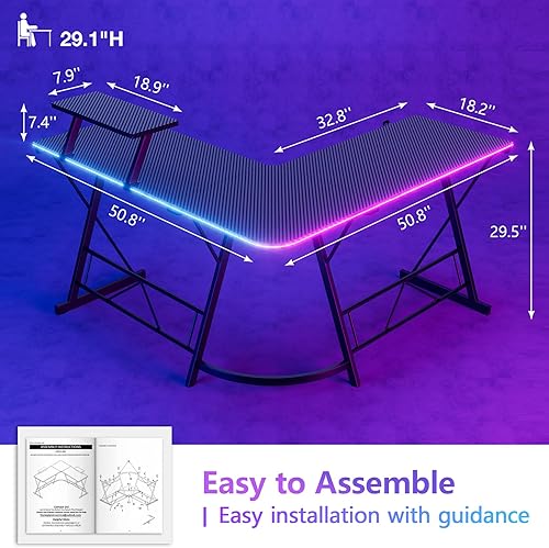 Miniatura 3 de Mr IRONSTONE Escritorio para juegos con luces LED, esquina de escritorio en forma de L con soporte para tazas y gancho para auriculares, escritorio