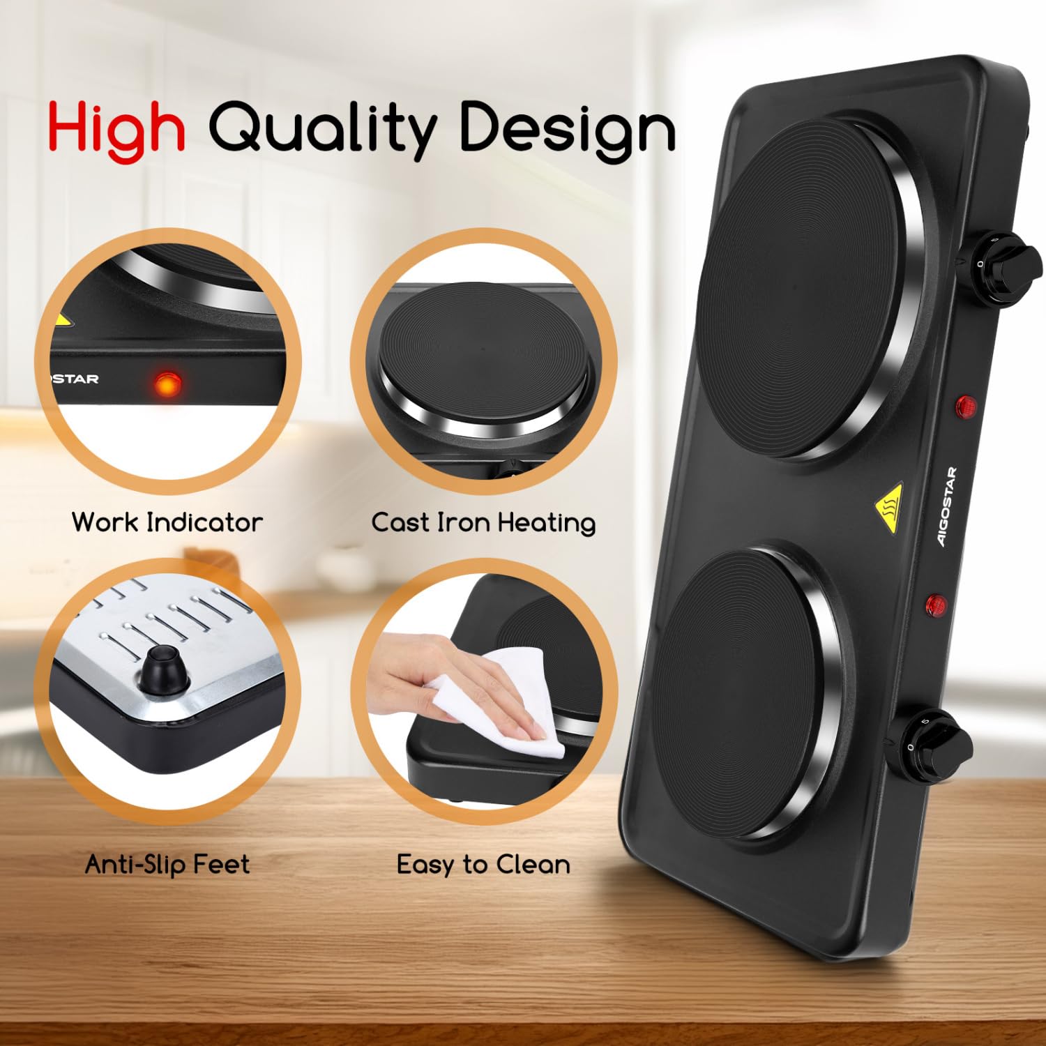 Aigostar Hornillo Electrico de 2500W, Cocina Electrica Portatil, con 2 Quemadores de 185mm y 155mm de Diámetro, Termostato Ajustable de 5 Niveles, Almohadilla Antideslizante, Adecuada Para Acampar
