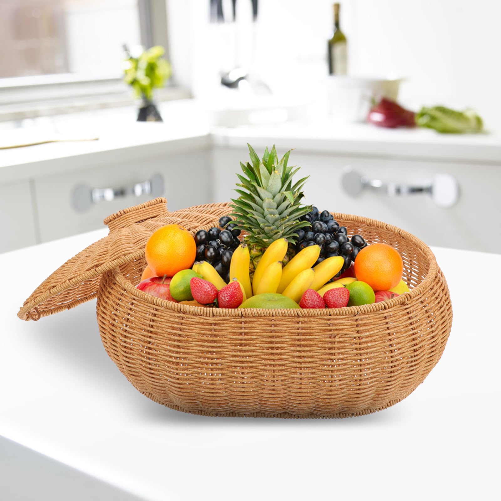 SHINEOFI Cesta Tejida con Tapa para Almacenar Frutas, Verduras y Pan, Cesta Pequeña de Plástico con Superficie Lisa para Cocina y Sala