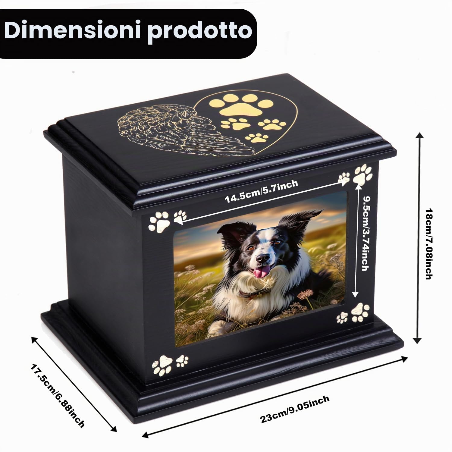 Pet Ashes Box Urne per Dog Memorial XLarge Funeral Cremazione Urne in Legno con Cornice Foto Memoriale Keepsake Memory Box con Flanella Nera Come Fodera Perdita Pet Memorial Remembrance Gift