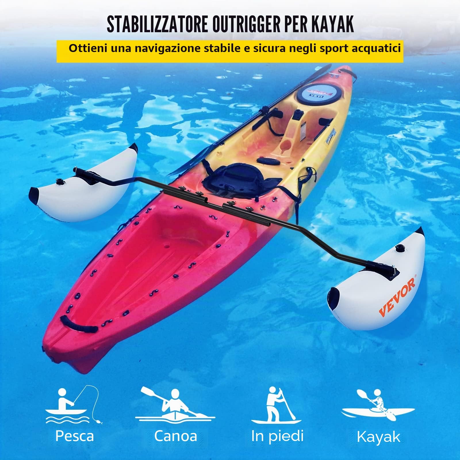 VEVOR Kit Kayak Galleggiante Gonfiabile Stabilizzatore in PVC con Bracci Laterali, 2 Pezzi Lunghezza Regolabile da 81,5 a 94 Pollici Stabilizzatore Gonfiabile per Kayak, Canoa, Nautica, Pesca, ECC