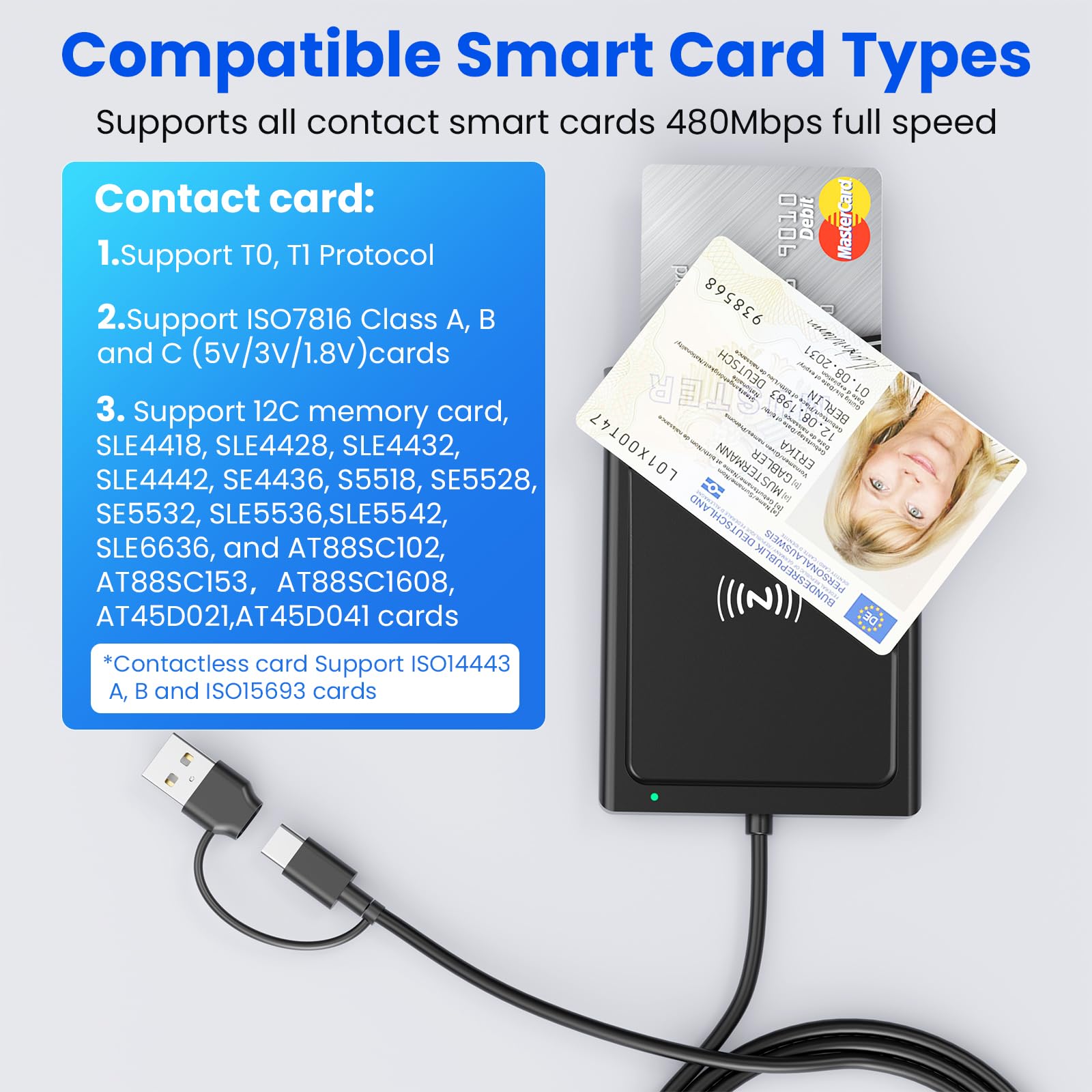 Lector de tarjetas NFC y lector de tarjetas inteligentes 2 en 1