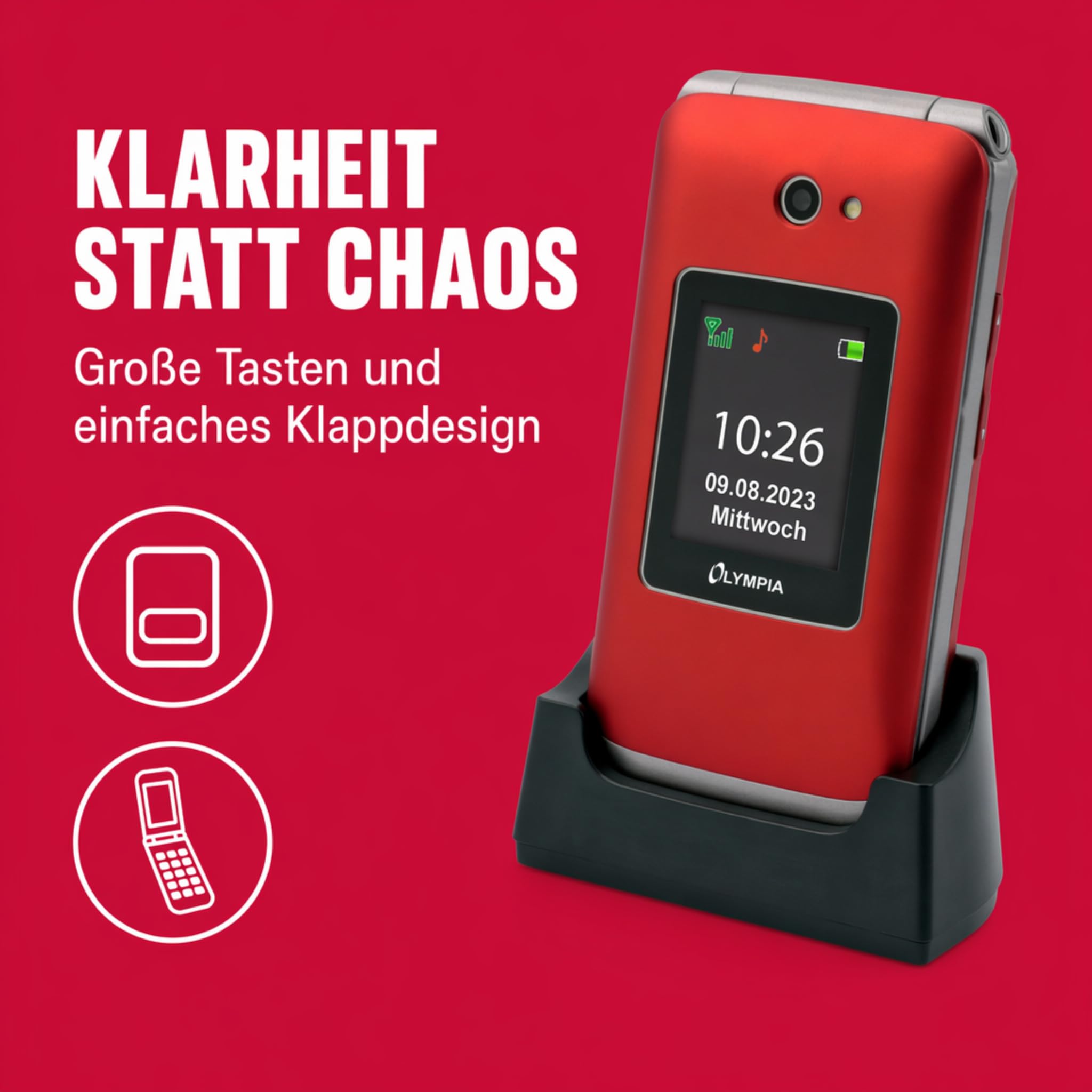 Olympia Vitus 4G Seniorenhandy | Klappbar mit Großtasten | Hörgerätekompatibel | Handy für Senioren | Notruftaste & SOS-Funktion | Farbdisplay | Kamera | Taschenlampe | Langlebiger Akku | Rot