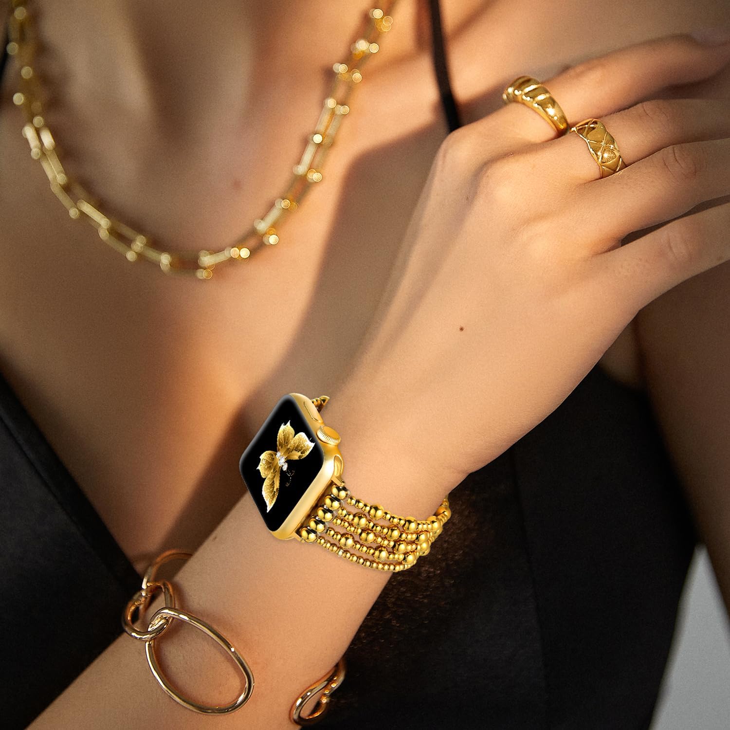 fastgo Gold Beaded Bracelet Band Compatible with Apple Watch Band 41mm/40mm/38mm/44mm/45mm/42mm/49mm Women, Dressy Elastic Stretchy Beaded Strap for Iwatch Series 9 Ultra 8 7 6 5 4 3 2 1 SE(Gold) - Image 8