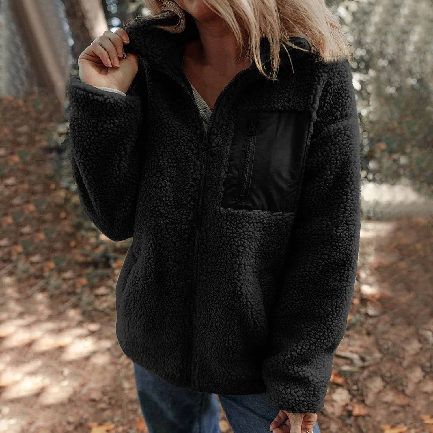 Womens Winter Trendy Full Zipper Fleece Jackets Long Sleeve Relaxed Warm Teddy Coats with Pockets