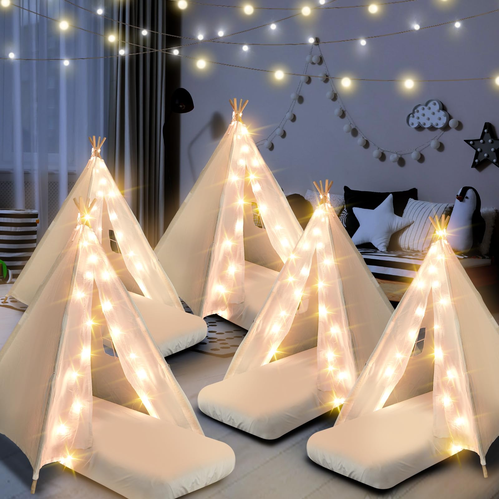6 Pack Teepee Tent for Kids Bulk with Inflatable Airbed,String Light and Fitted Sheet, Natural Cotton Washable Toddler Play Tent for Girls Boys Slumber Party Indoor Outdoor(White)