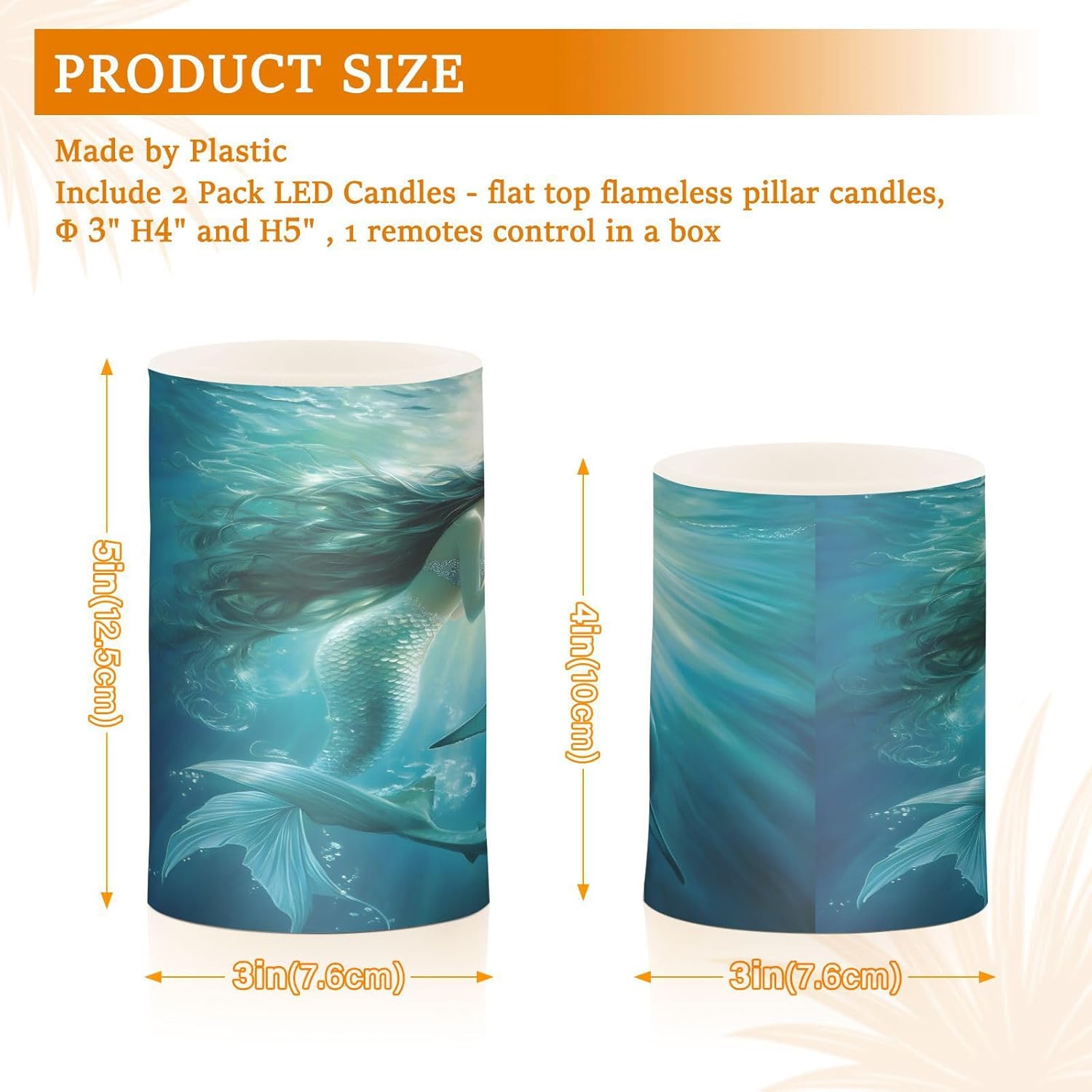 ALAZA Shark Mermaid Underwater World Flickering Flameless Candles Pillar Led Candles Battery Operated Candles with Remote and Timers Set of 2