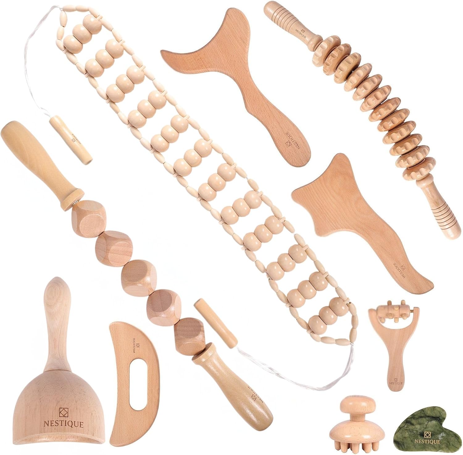 NESTIQUE 10 in 1 Wood Therapy Massage Tools for Body Shaping - Lymphatic Drainage Tools with Gua Sha Stone for Muscle Pain Relief – Maderoterapia Kit Professional for Body Sculpting