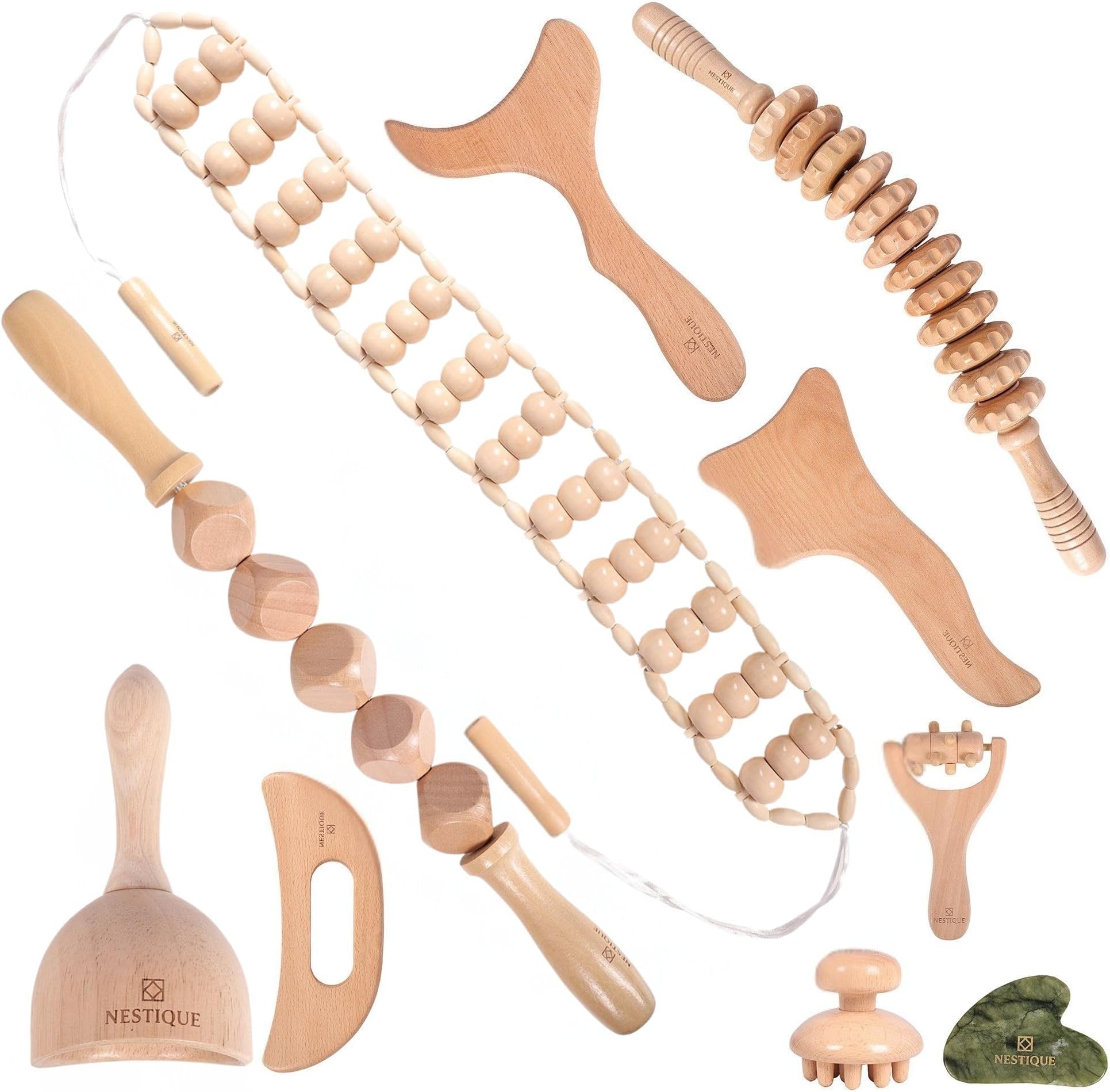 NESTIQUE 10 in 1 Wood Therapy Massage Tools for Body Shaping with Gua Sha Stone โ Lymphatic Drainage kit for Muscle Pain Relief, Maderoterapia Professional kit for Body Sculpting