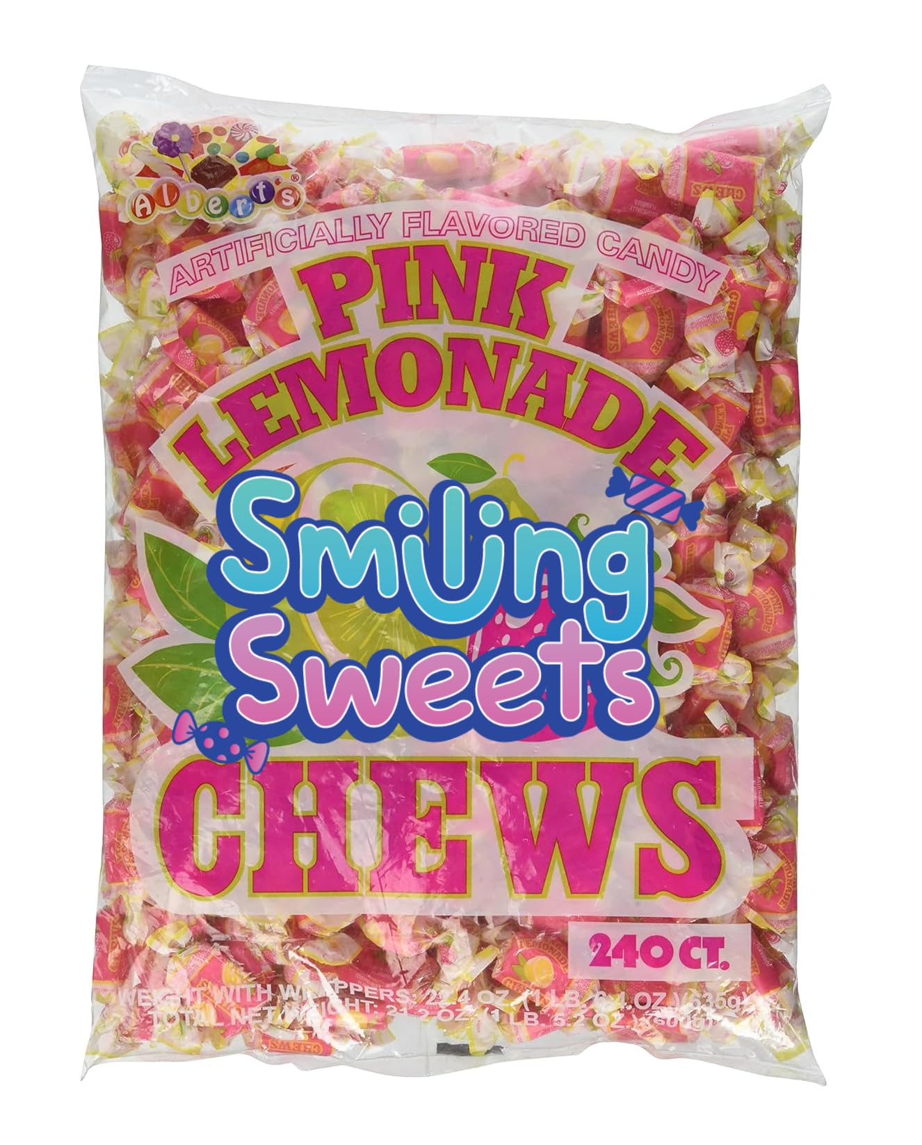 Smiling Sweets Pink Lemonade Chews, Bulk Candy, Tasty Pink Lemonade Chewy Candy for Everyone qnd Melt in Your Mouth Deliciousness and Stock Up Today - 240 Count
