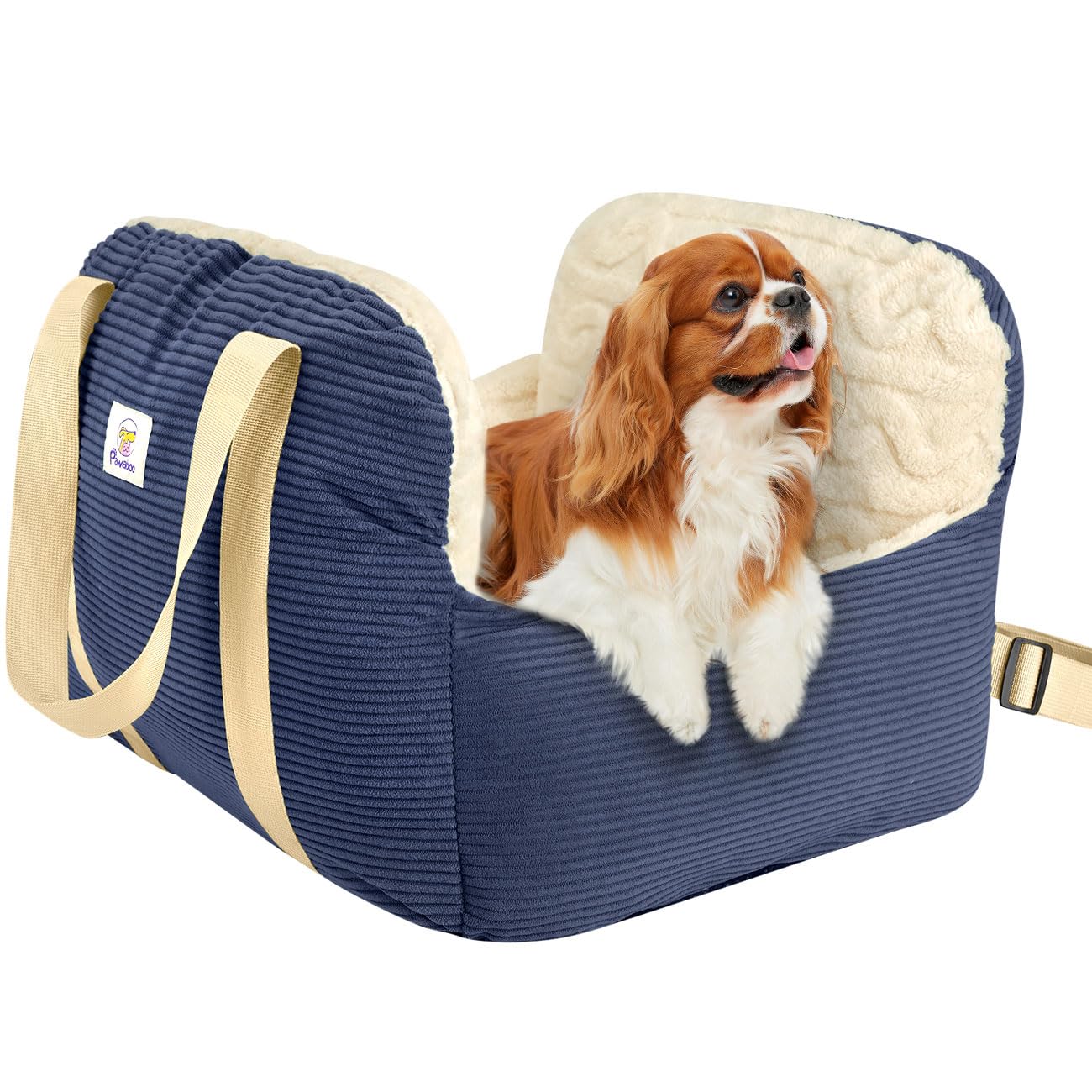 Pawaboo Dog Car Seat for Small Dogs, Soft Dog Booster Car Seat under 25lbs, Puppy Cars Seats with Safety Leash and Thickened Memory Foam Filling, Pet Carseat Travel Carrier Bed, Navy Blue + Off-white