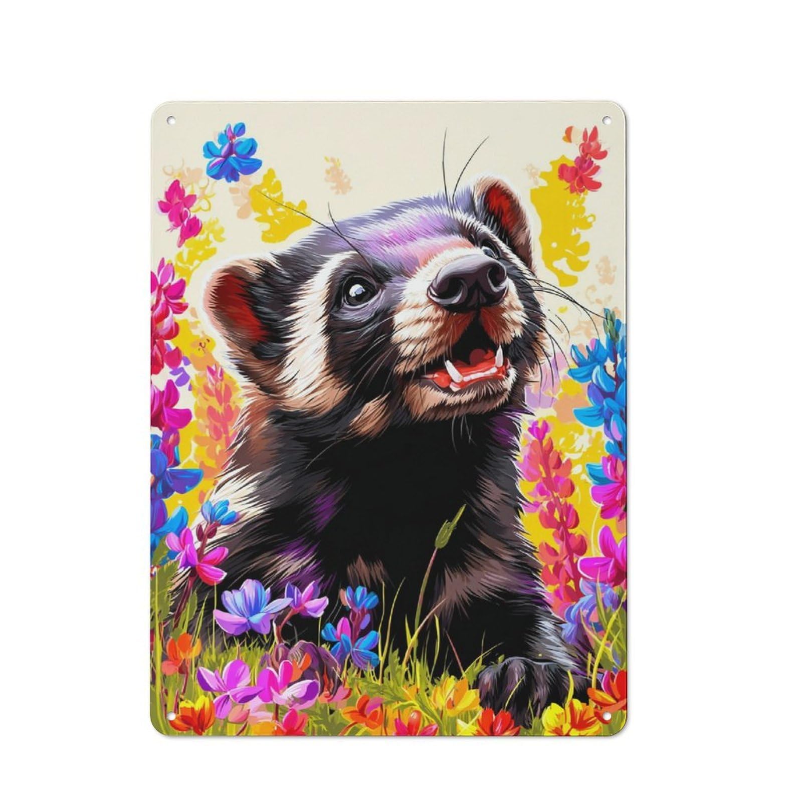 Colorful Ferret in Flowers Classic Metal Wall Decor 40x30cm, Decorative Tin Plaque for Cafe, Pub, Workshop Or Home Bar