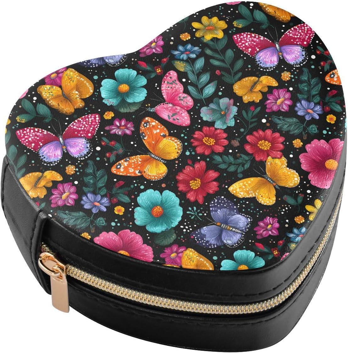 ALAZA Heart Shaped Jewelry Box Colorful Butterfly Floral Small Travel Jewelry Organizer Case Rings Earrings Necklaces Trinket Storage Boxes Gift for Women