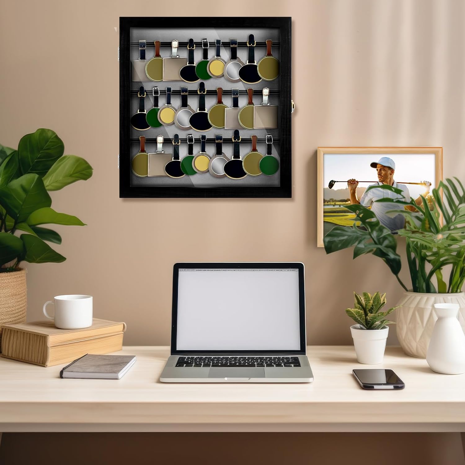 Silipull Golf Bag Tag Collection Display Case Holds 40 Bag Tags 16.54 x 15.35 x 1.77 Inch Wall Mount Wooden Shadow Box W/98% UV Acrylic Door Lockable Storage Display Box for Collection(Black, Grey)