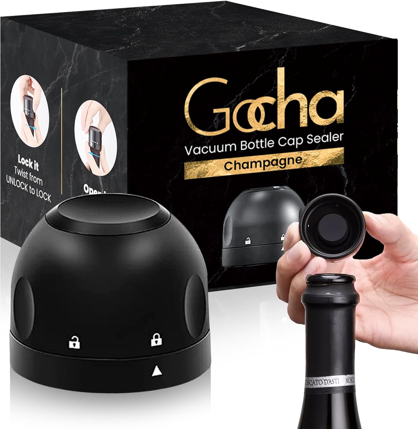 GOCHA | Vacuum Champagne Preserver | Premium Built-in Vacuum Seal | Universal Bottle Stopper | 1.5 inch Silicone Twist Top | Reusable, Leak Proof Cork | (Pack of 1)