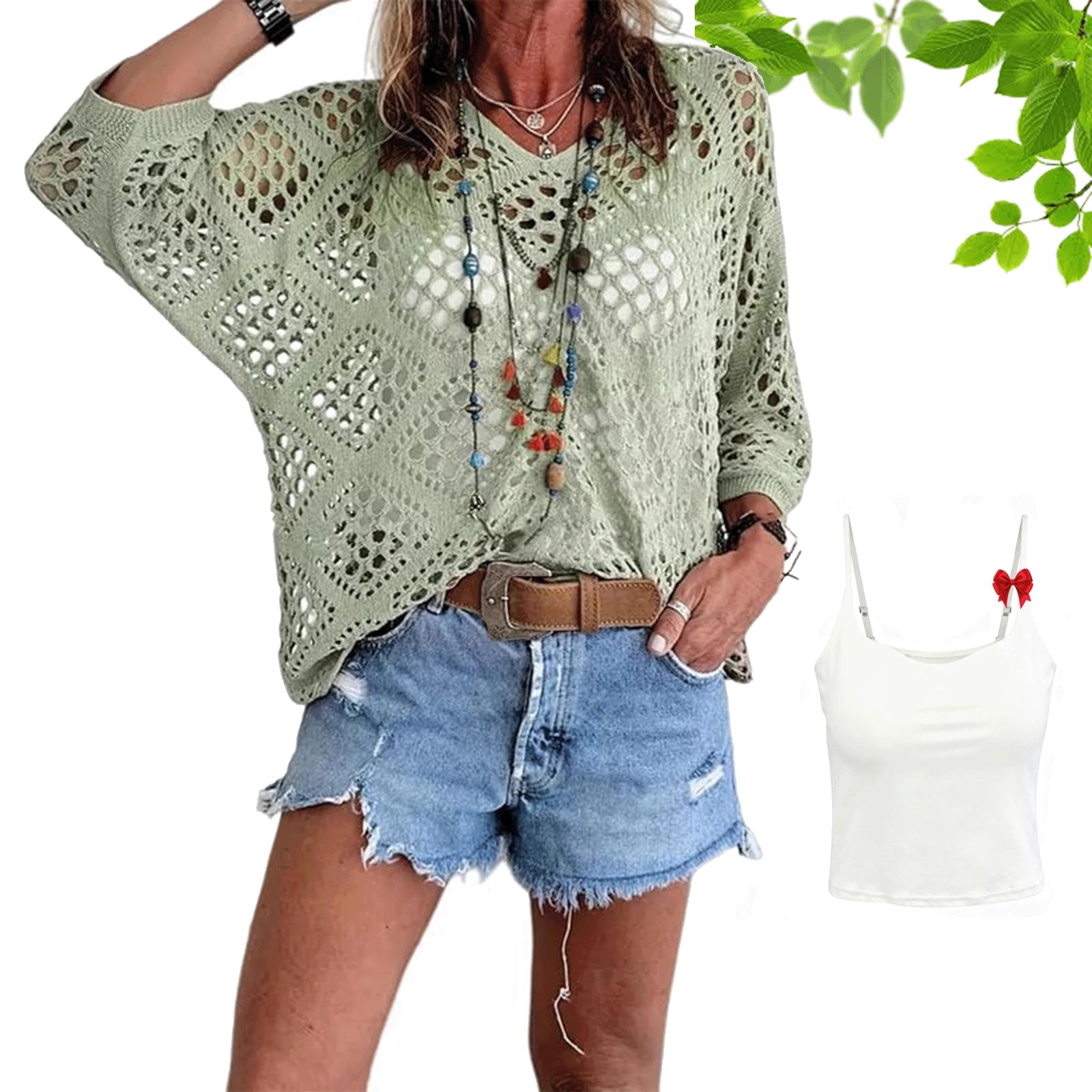 Top all'Uncinetto Donna Beige Stile Boho – Maglia Traforata con Scollo a V – Copricostume Mare Elegante e Casual