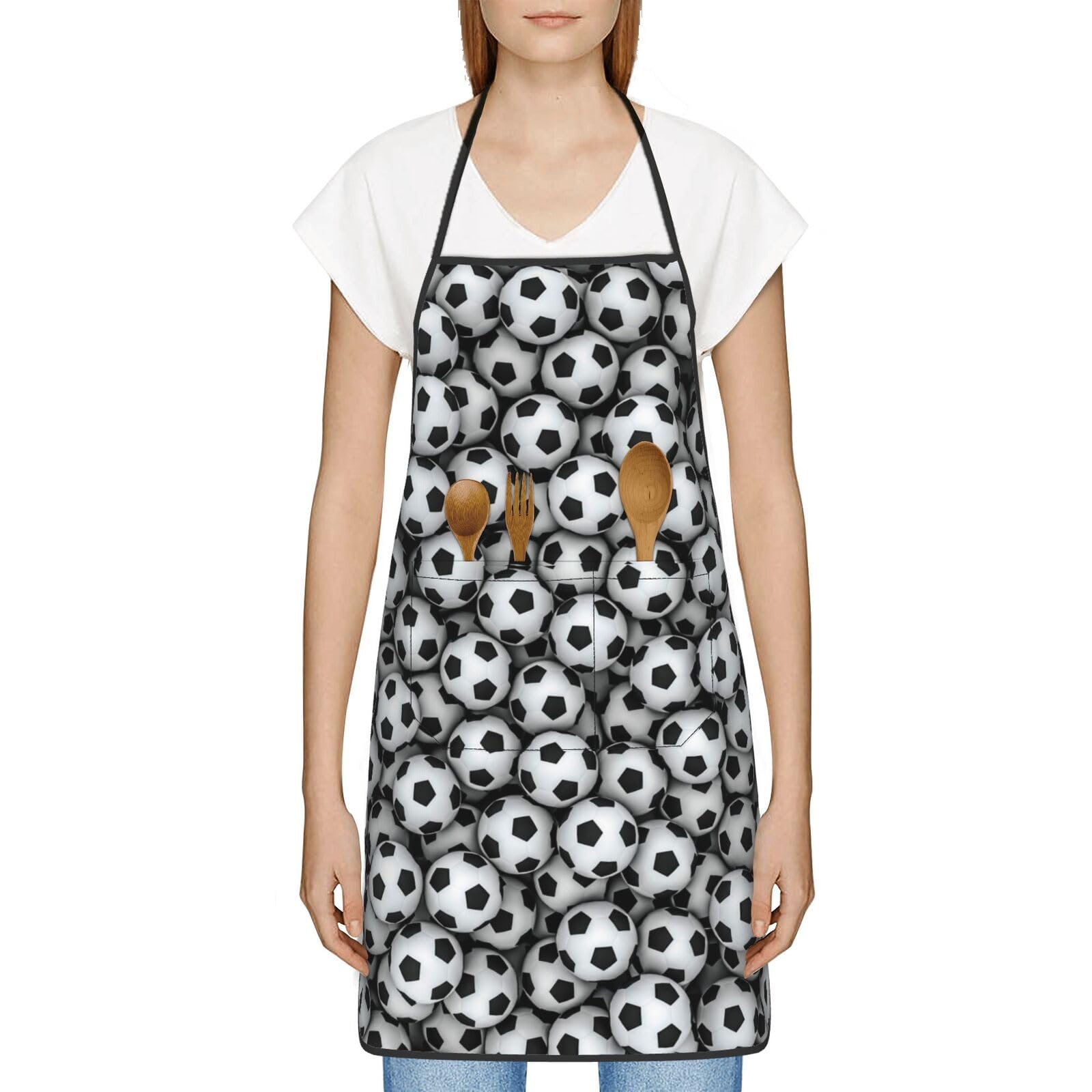 Hahafu Unisex White Pile Of Footballs Chef Apron For Women Men,Print Polyester Work Cooking Aprons With Adjustable Strap And Large Pocket