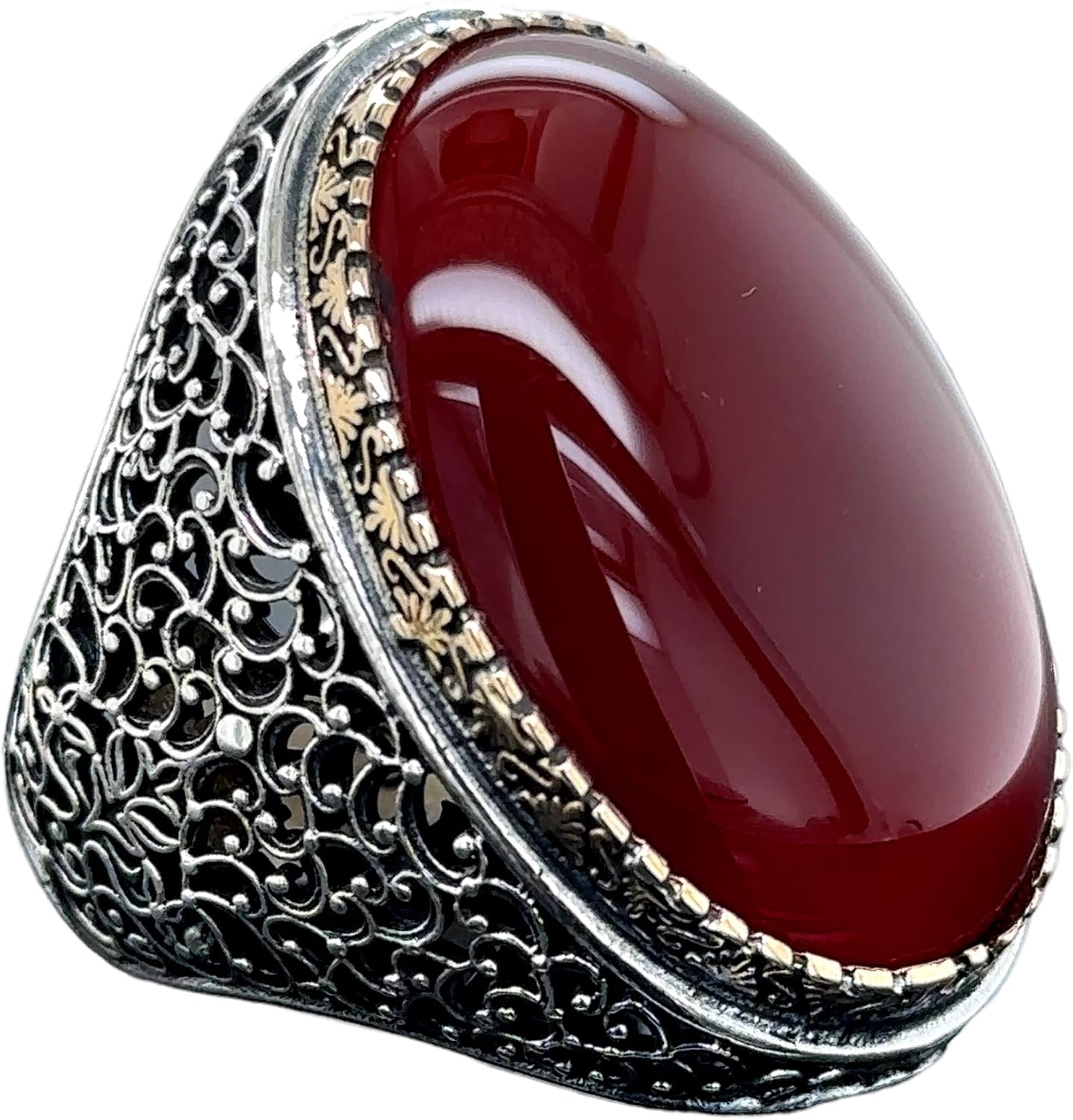 Silver Agate Stone Rings, Large Men Ring, Ottoman Style Handmade Ring, Dark Red Agate Ring, Father Day Gift, 925k Sterling Silver Ring