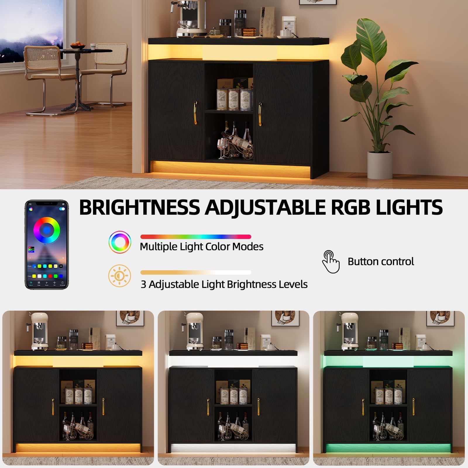 4 EVER WINNER Gabinete de buffet con luces LED con almacenamiento, aparador con estación de carga, armario para cafetería, almacenamiento de gabinete Credenza, color negro