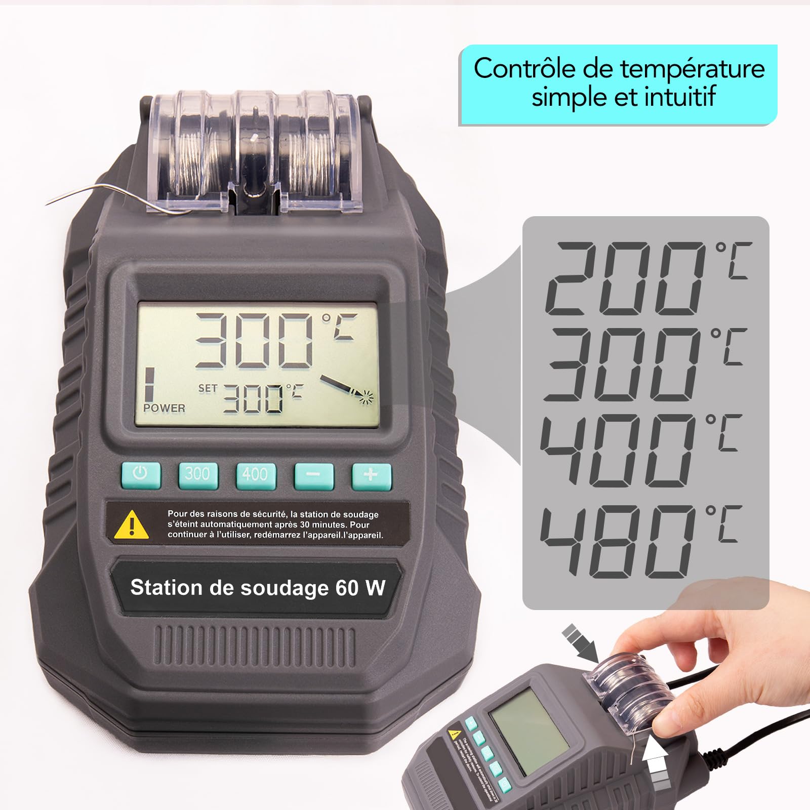 Station de Soudage 60W avec Affichage LCD, Température Réglable 200–480℃, 5 Embouts Supplémentaires, Aide-Mains, 2×5g Fil à Souder, Support, Auto Sleep et Refroidissement