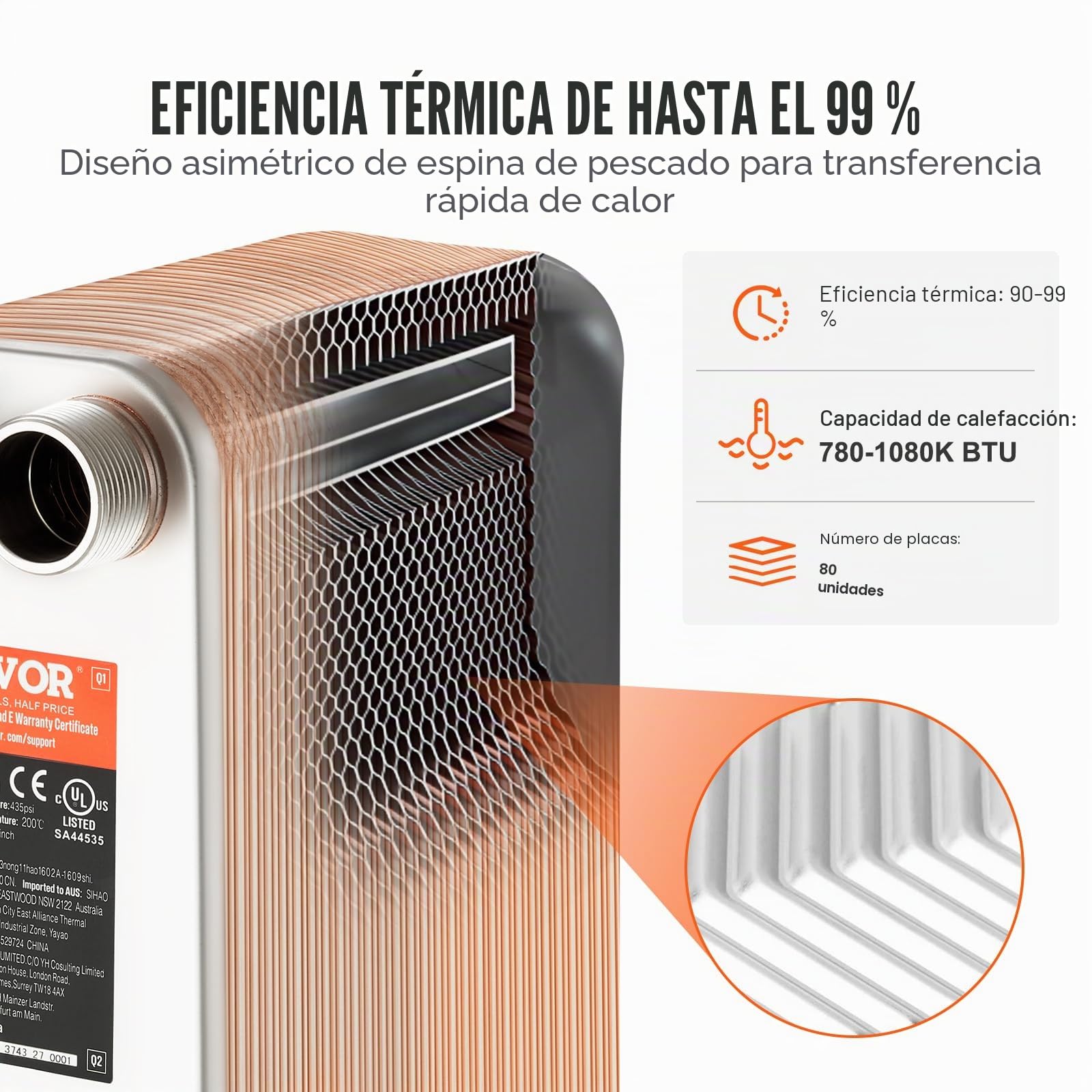 VEVOR Intercambiador de Calor, 80 Placas Soldadas, Cobre/Acero Inoxidable 316 L Agua a Agua para Calefacción por Suelo, Derretimiento de Nieve, Enfriamiento de Cerveza, 301 x 126 x 225 mm, Cobre