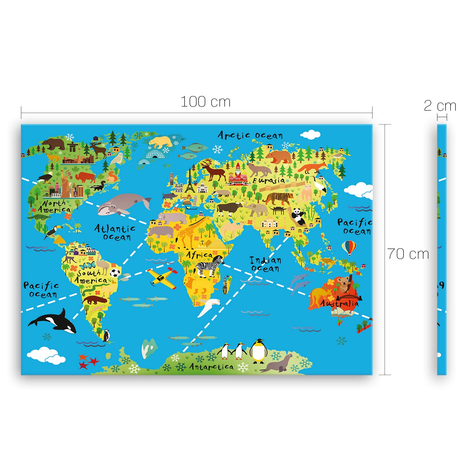 ge Bildet® Bild Auf Leinwand mit Herbst RABATT Weltkarte für Kinder - Hellblau Bild für kinderzimmer - 100x70 cm einteilig XXL - direkt vom Hersteller aus Deutschland - Made in Germany 1465