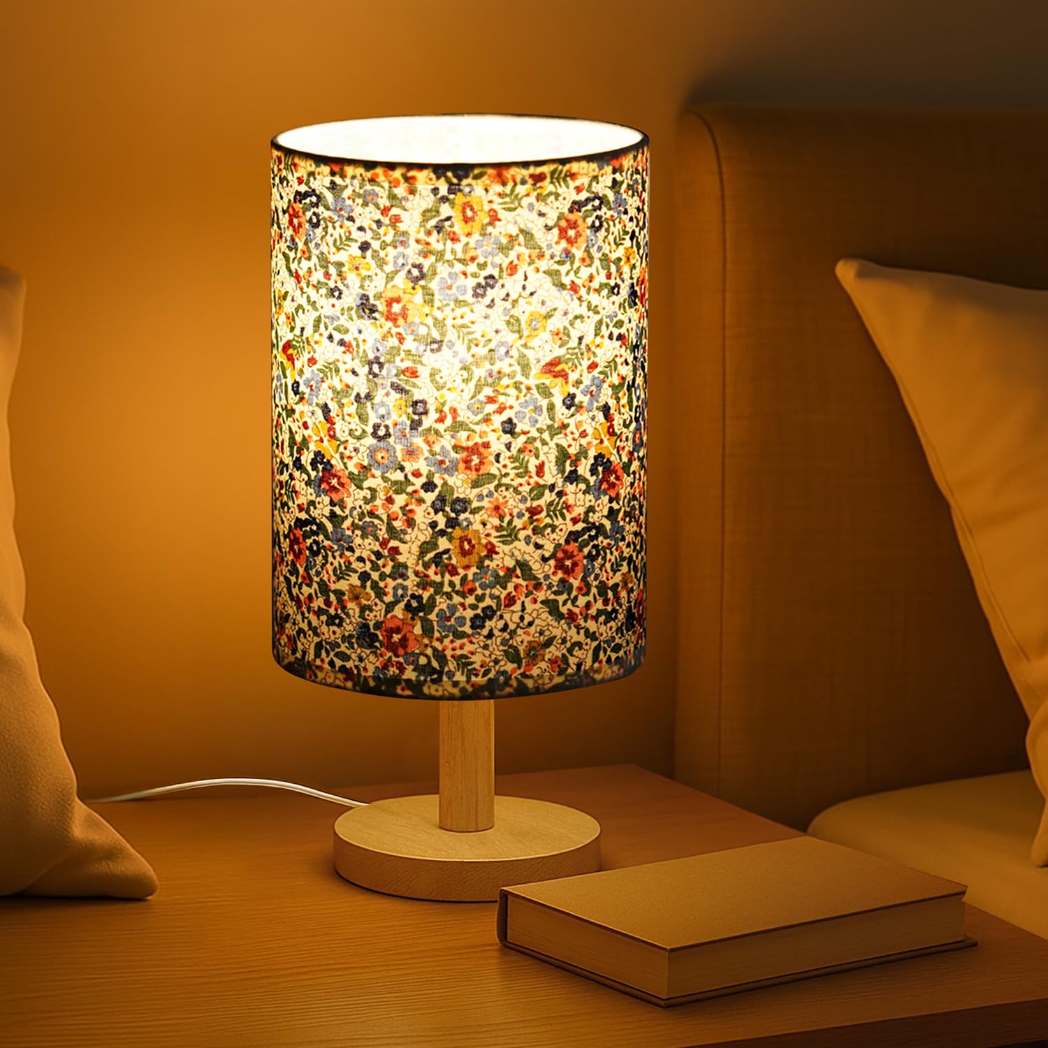 ABOUT SPACE Night Lamp - Floral Themed Bedside Reading Lamp with Wooden Base for Night, Bed Room, Living Room, Home & Decor- Cylindrical Lamp Shades for Living Room with Light (Bulb Included)-image-35