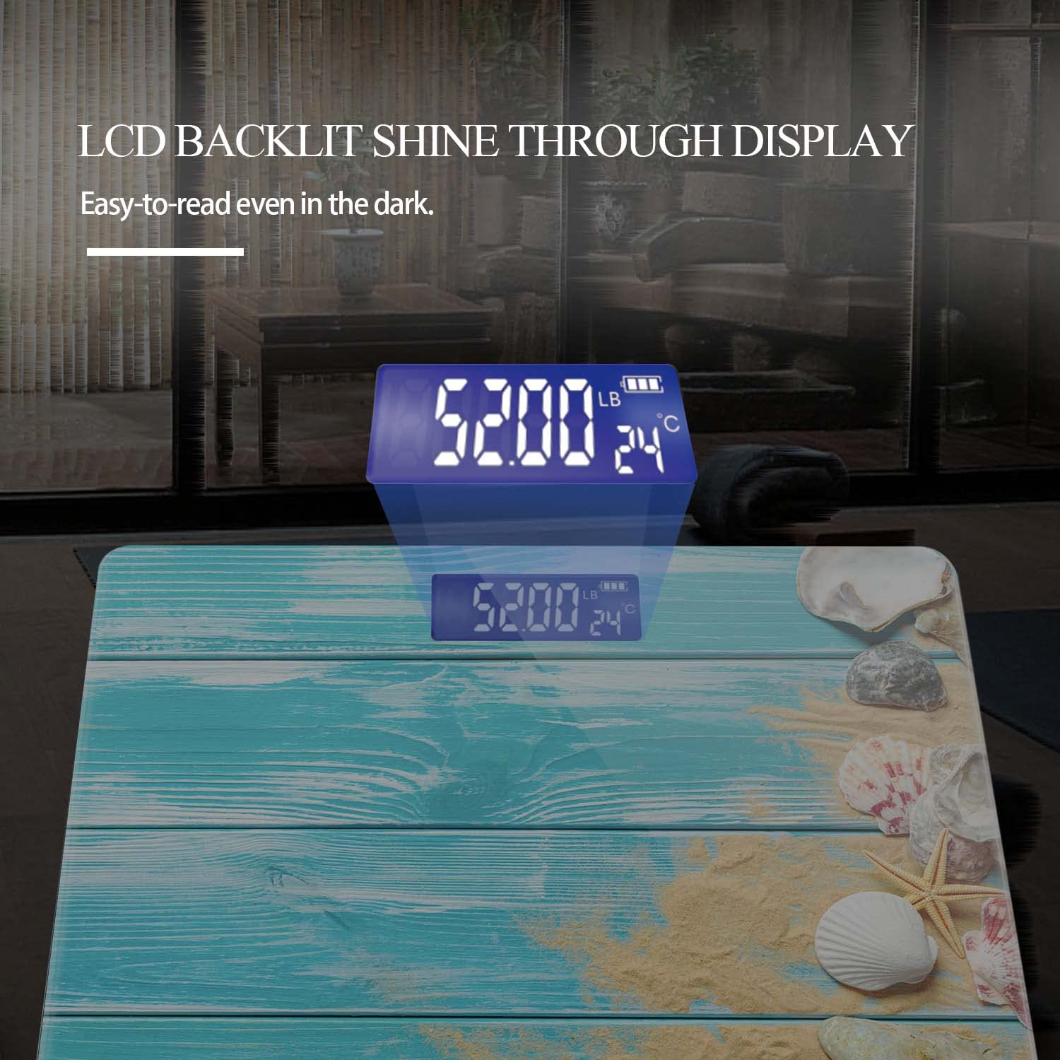 Báscula de peso digital para peso corporal, báscula de baño, báscula personalizada para peso corporal 400 libras con pantalla grande retroiluminada fácil de leer, conchas de cubierta de barco de playa