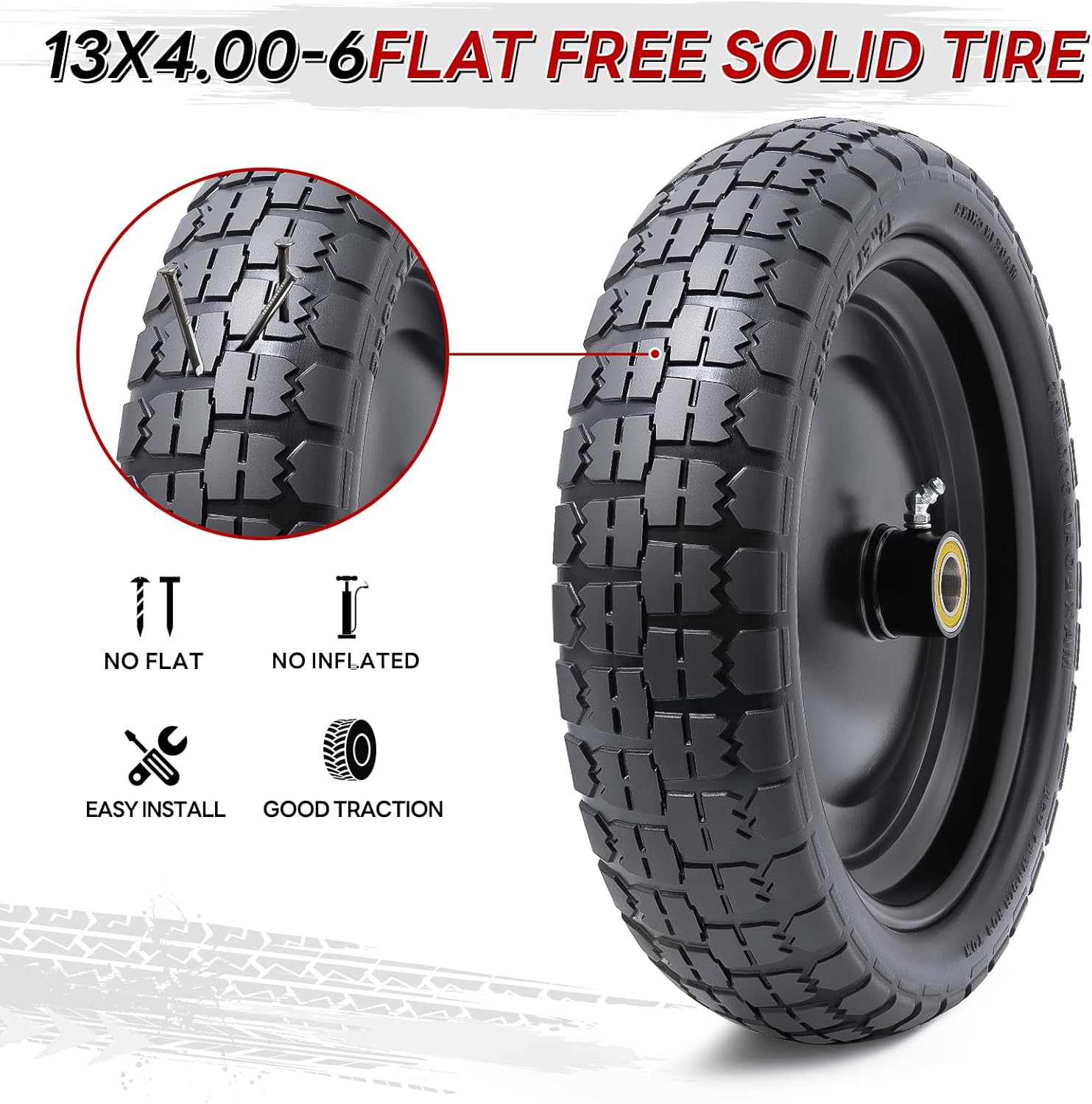 13” Rubber Solid Tires, 13X4.00-6 Flat Free Tire and Wheel with 3/4” Axle Bore Hole and Double Sealed Bearings Compatible with Hand Truck, Wheelbarrow, Lawn Mower Tires (Black, 2PCS) P-126
