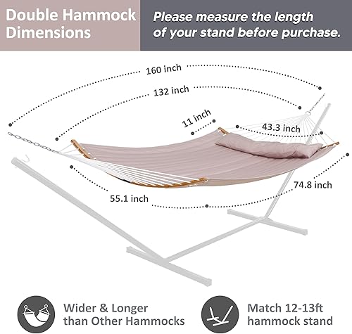 Miniatura 6 de SUNCREAT - Hamacas dobles de tela acolchada de 13.8 pies con barra curvada de bambú desmontable y almohada suave, capacidad máxima de 450 libras,